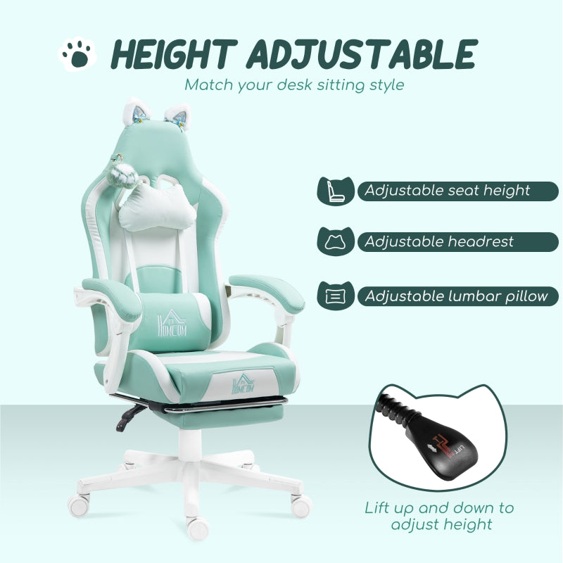 Cat Ear and Paw Office Chair Reclining with Footrest, Light Blue/White