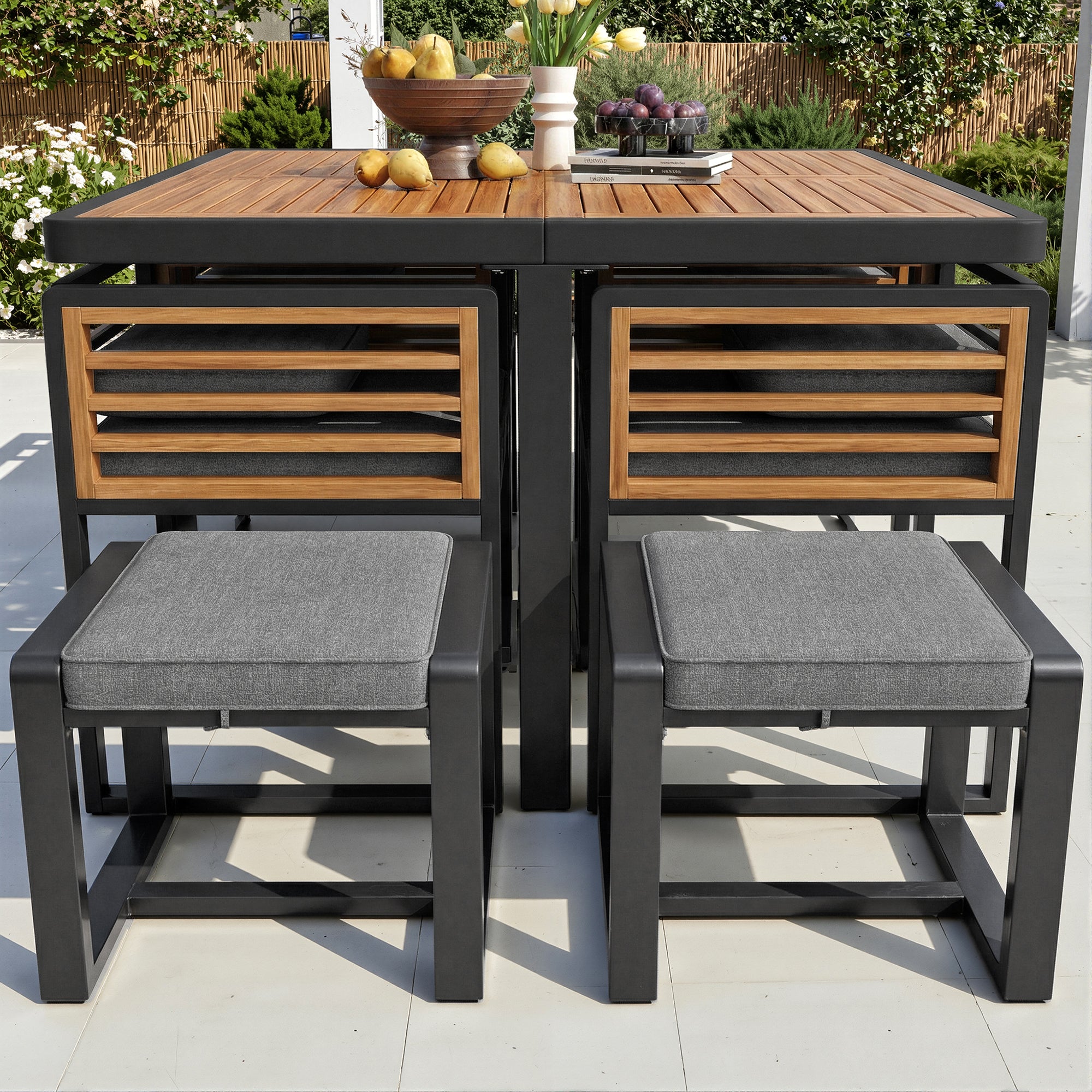 Garden Furniture Set, Lounge Seating Group with 6 Chairs and Table, Solid Wood Tabletop