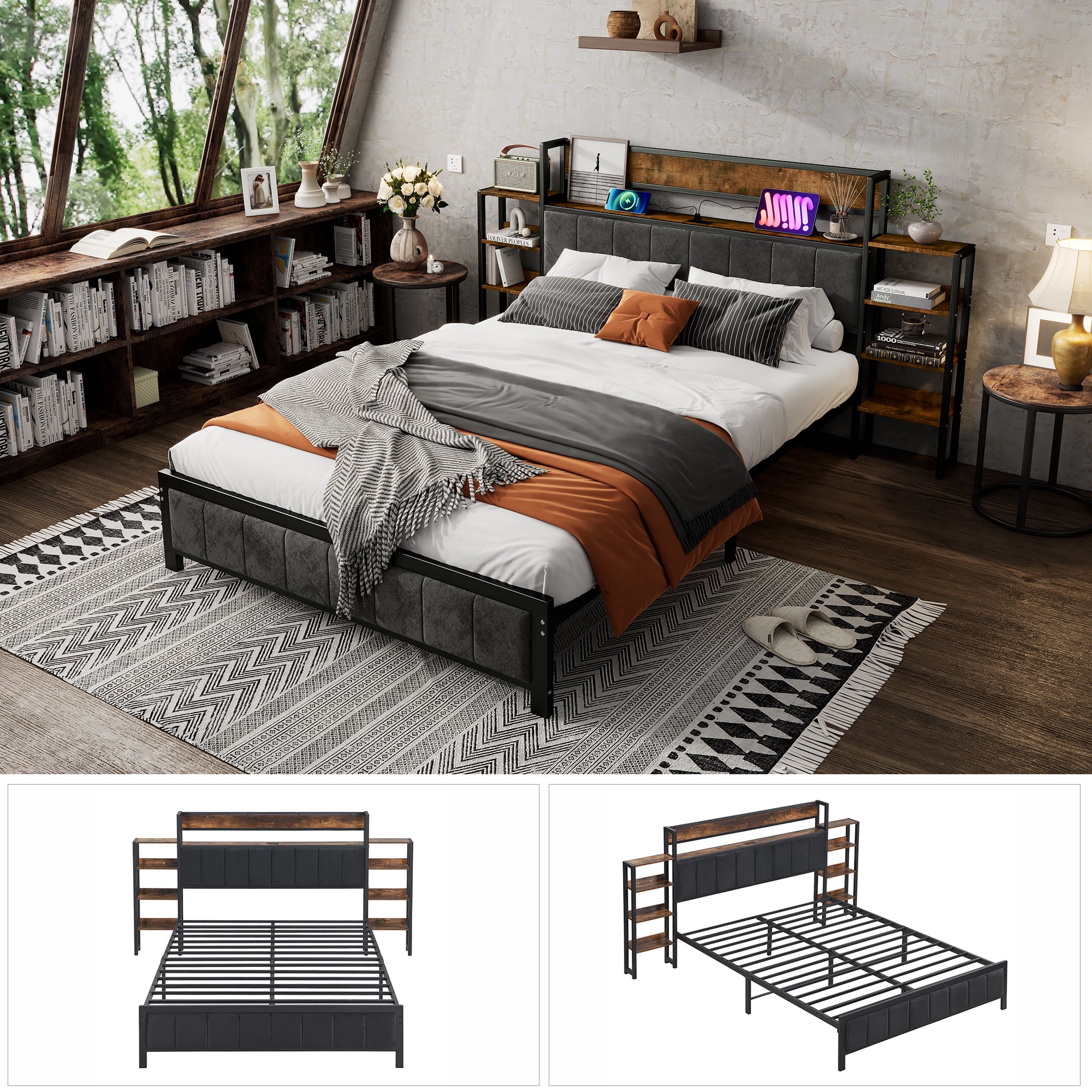Metal Bed, Storage with Shelf & 3 USB Ports, Black & Walnut