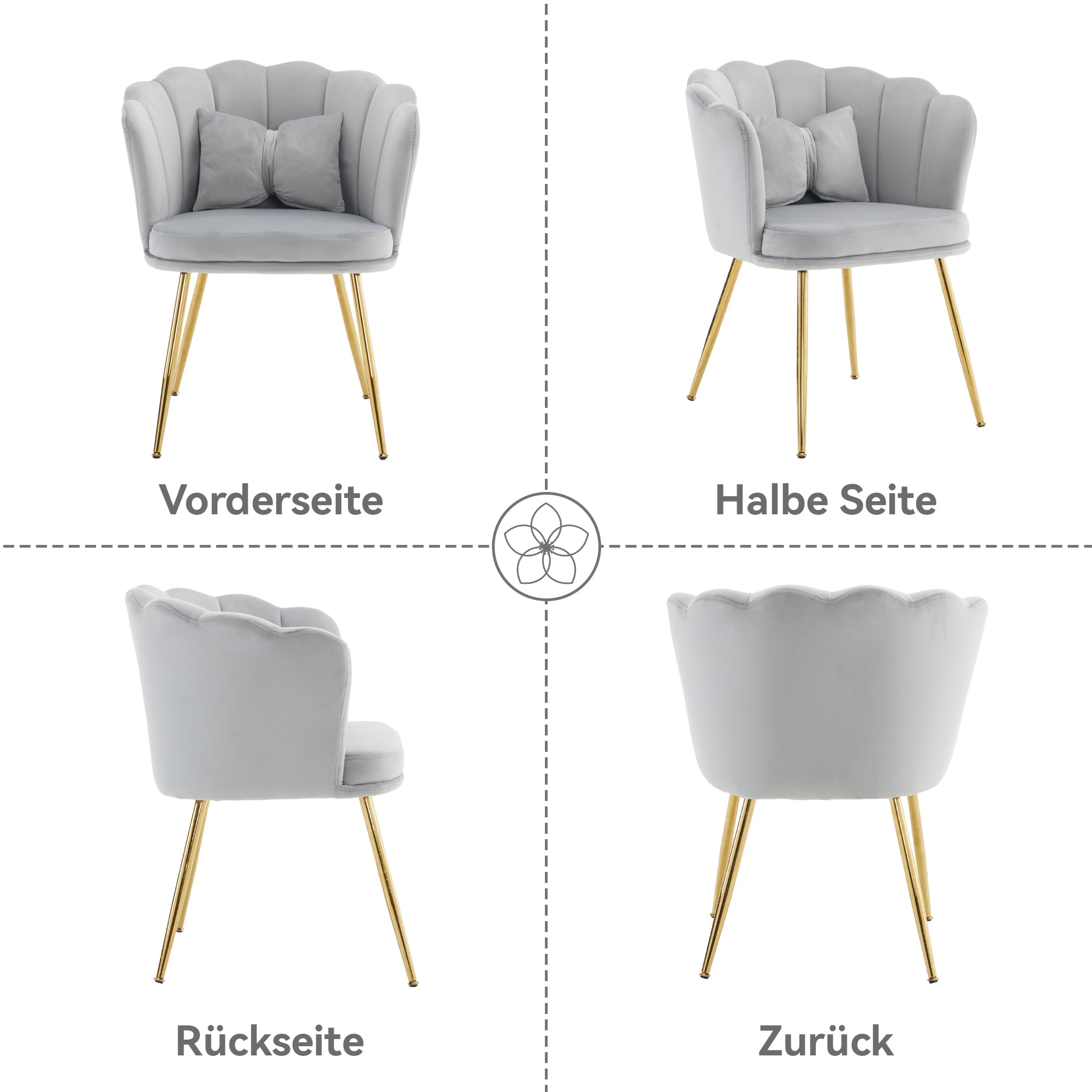 Velvet Chairs, Set of 6 Modern Upholstered with Petal Backs & Butterfly Cushions, Gold-Plated Metal Legs