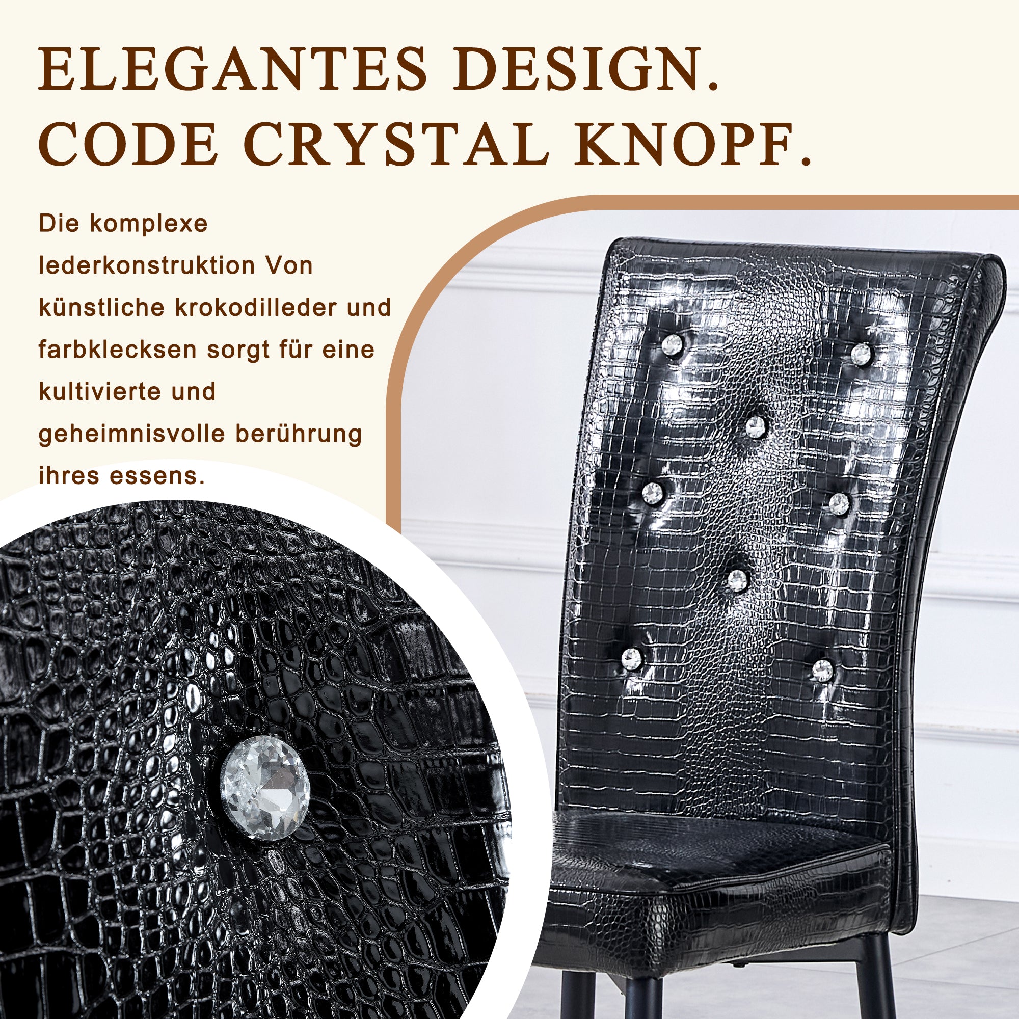 2 Dining Chairs Vintage Crocodile Faux Leather Crystal Clasp - Black