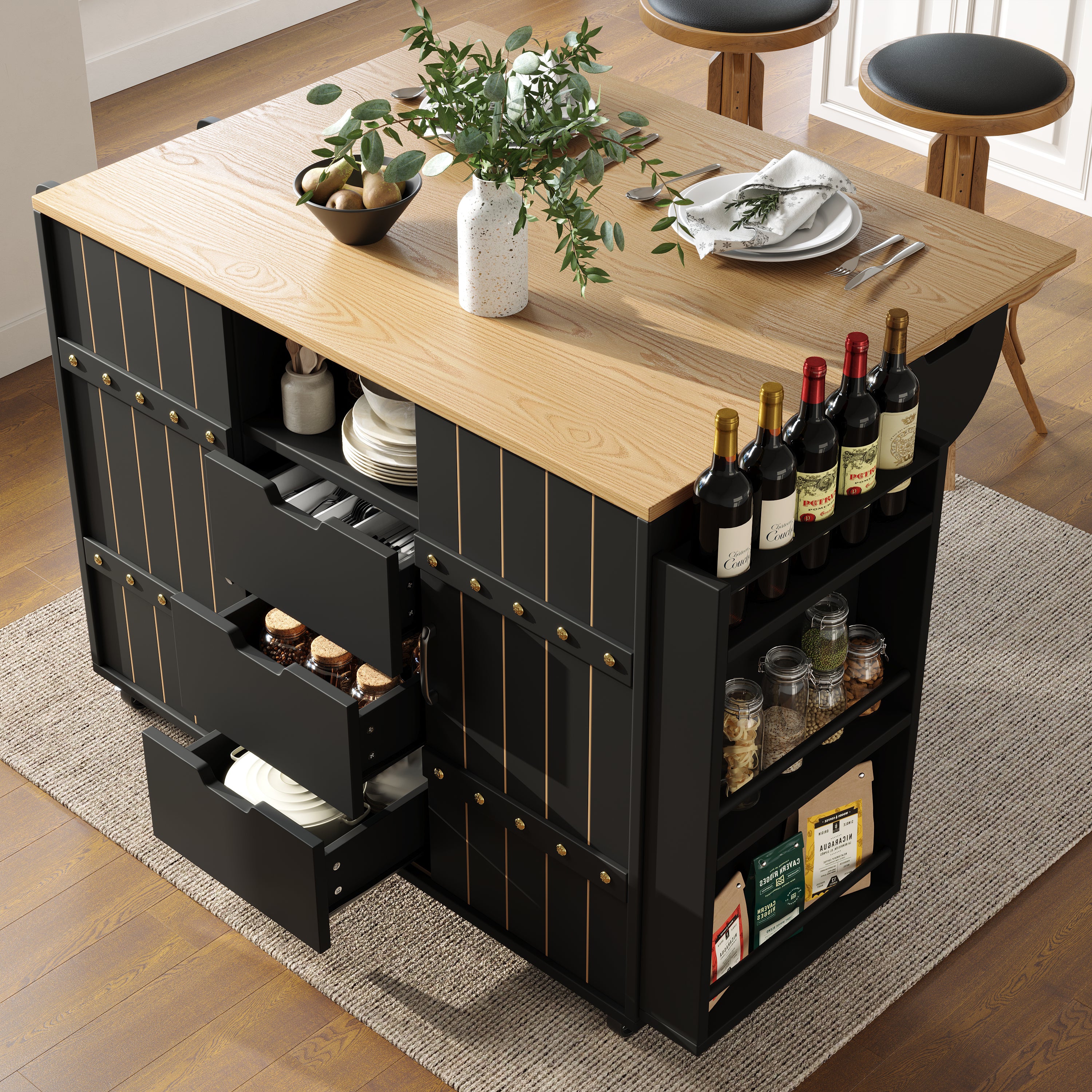 Kitchen Serving Cart Mobile Island with Worktop Sliding Doors Drawers Spice Rack Black