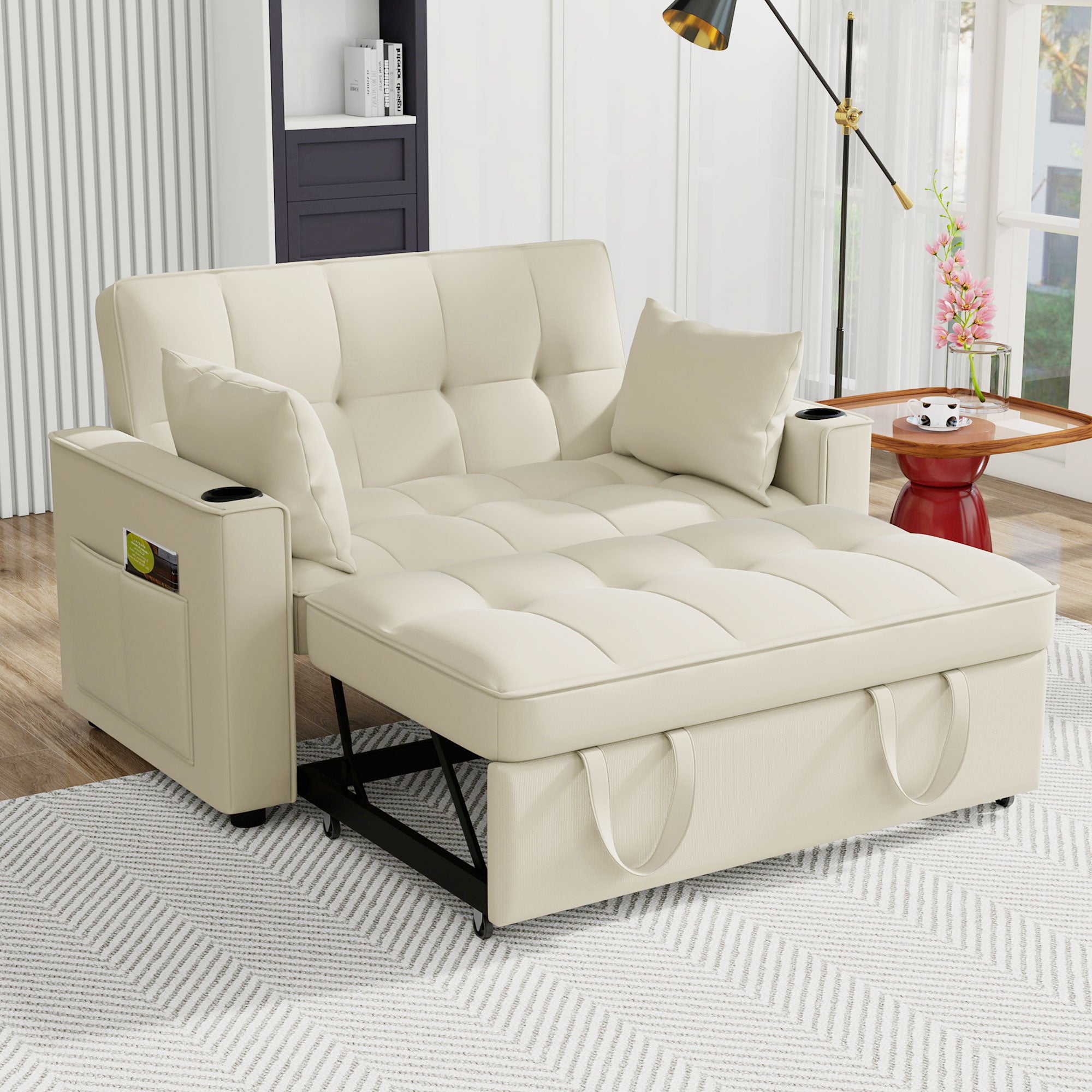 Folding Sofa Bed, Multifunctional with Cup Holder & Pillow, for Living Room, Bedroom, Home Theater