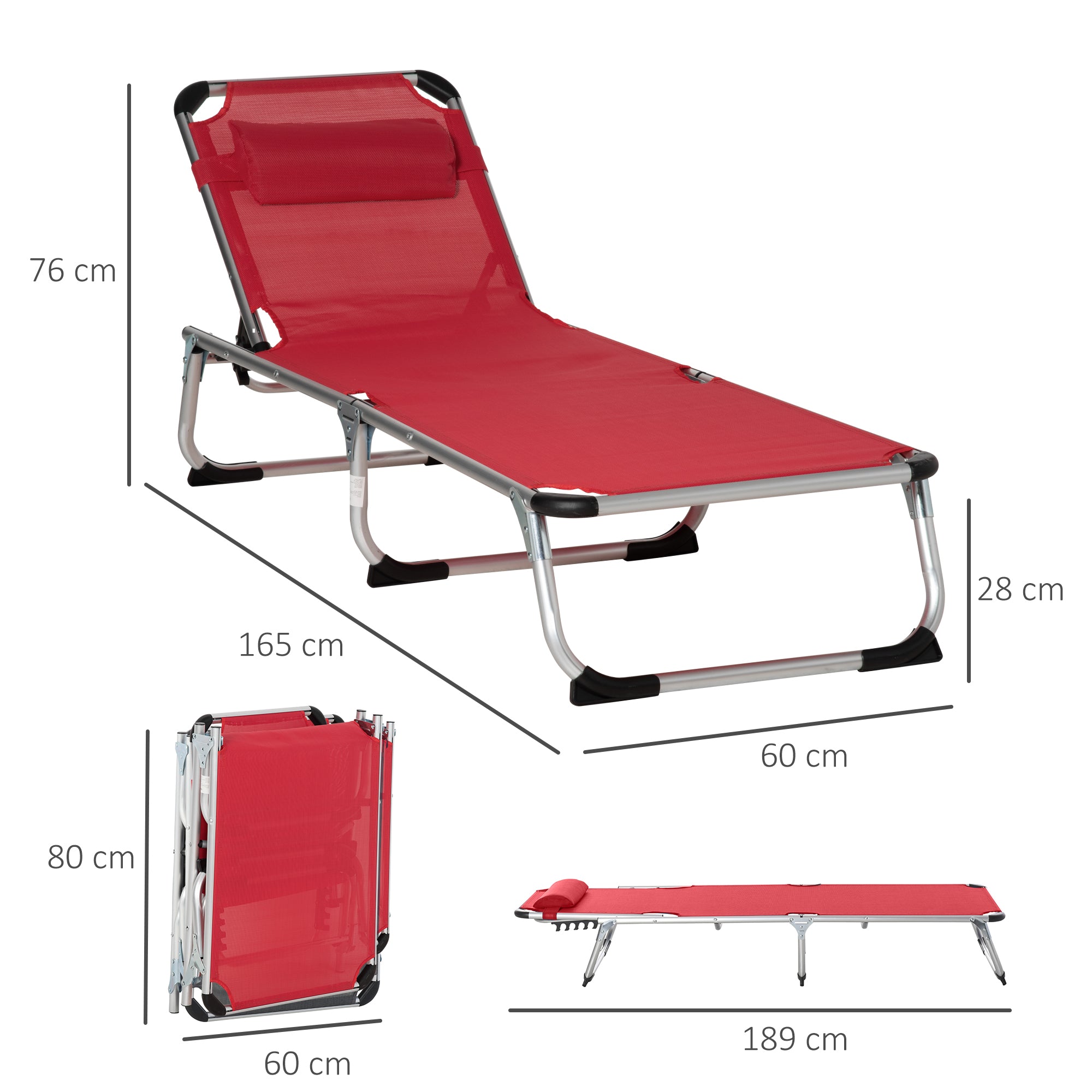 Sun Lounger, 5-Position Adjustable Foldable Ergonomic, Red Mesh Fabric