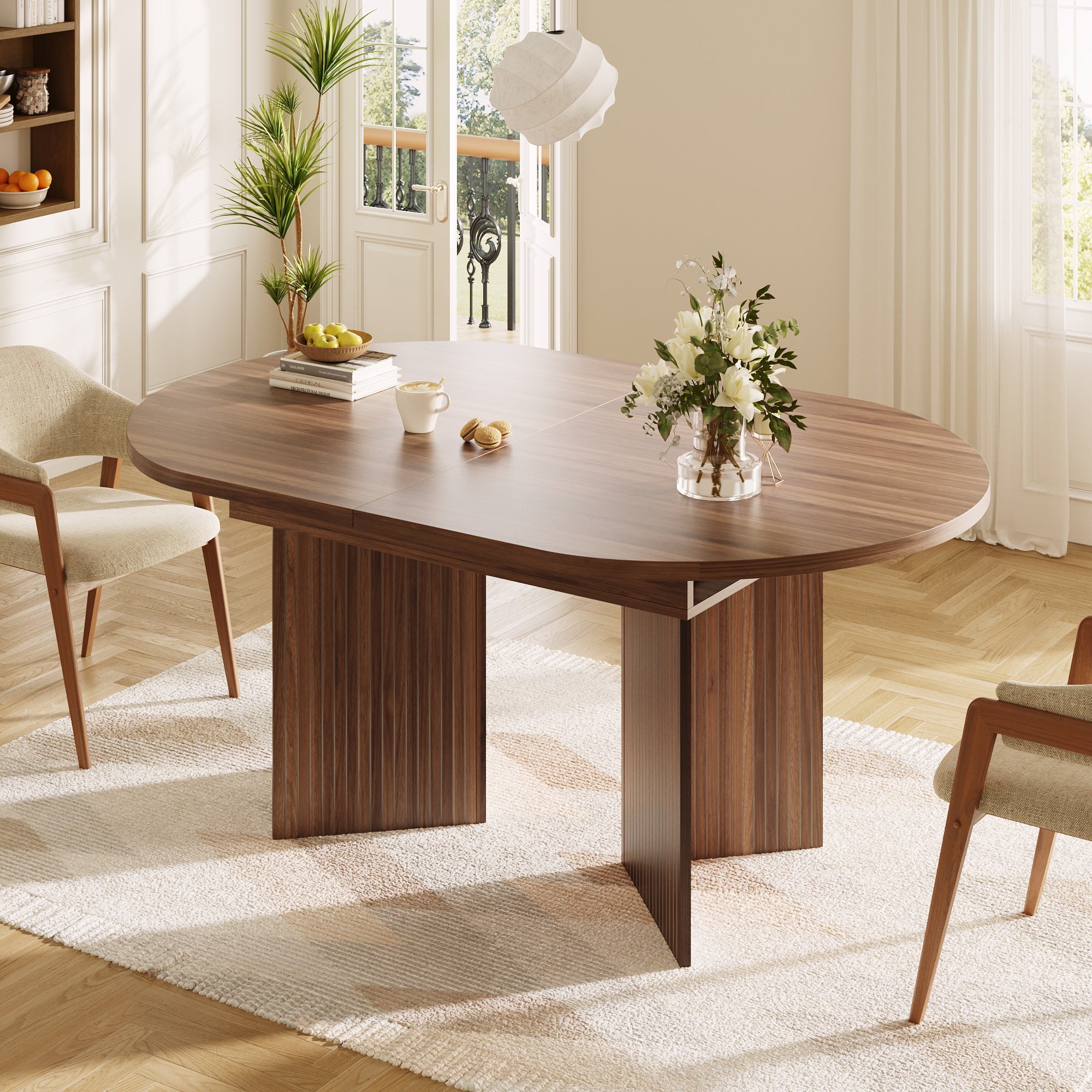 Extendable Dining Table with Internal Extension Leaves, 120-160 cm, Walnut Wood Finish