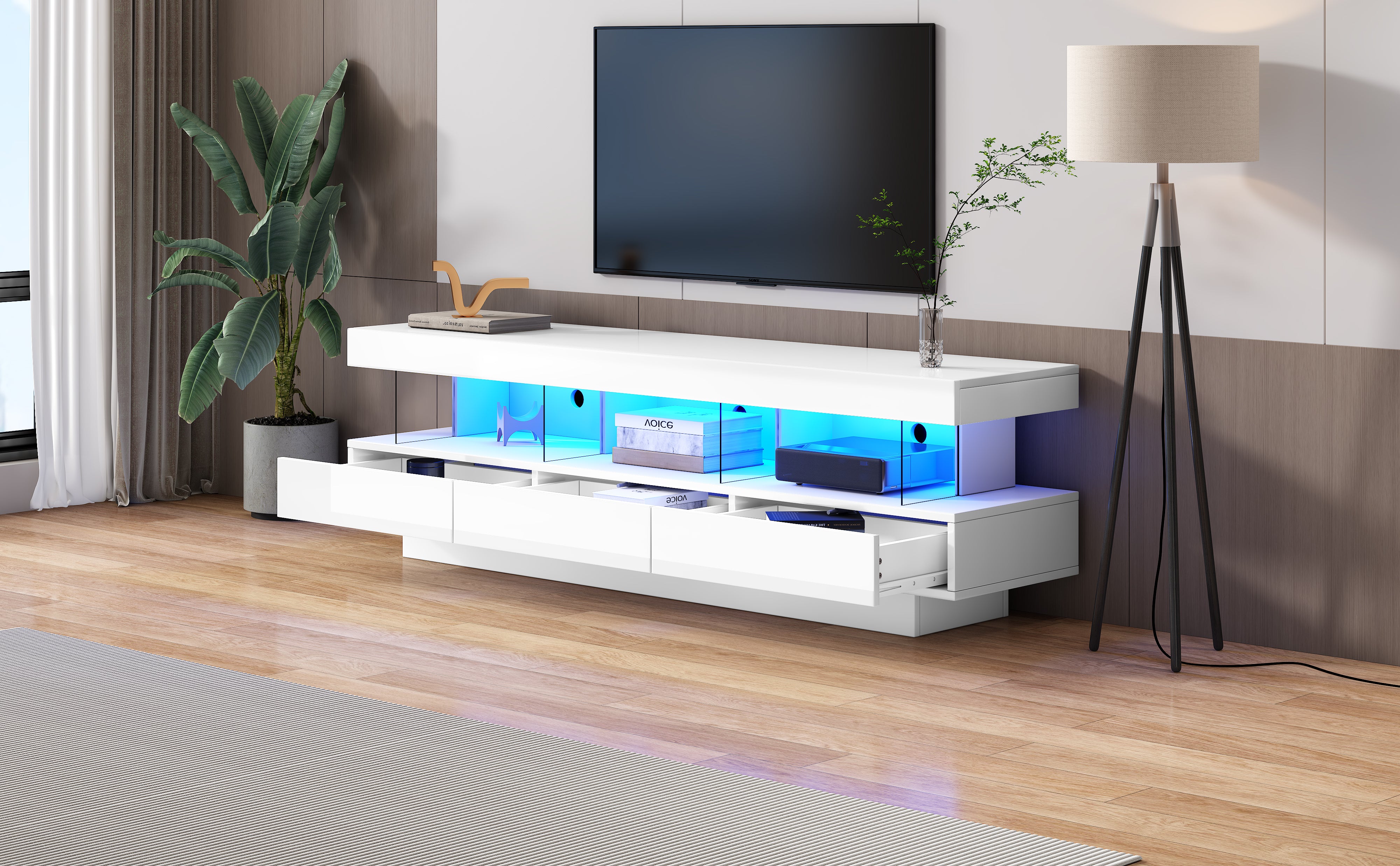 TV Cabinet, 160x38x50.5cm High-Gloss with Glass, LED, App Control, for 70-inch TVs, White