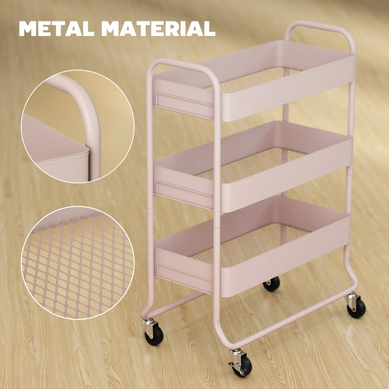 3-Tier Storage Trolley on Wheels Utility Cart Mesh Baskets Light Pink