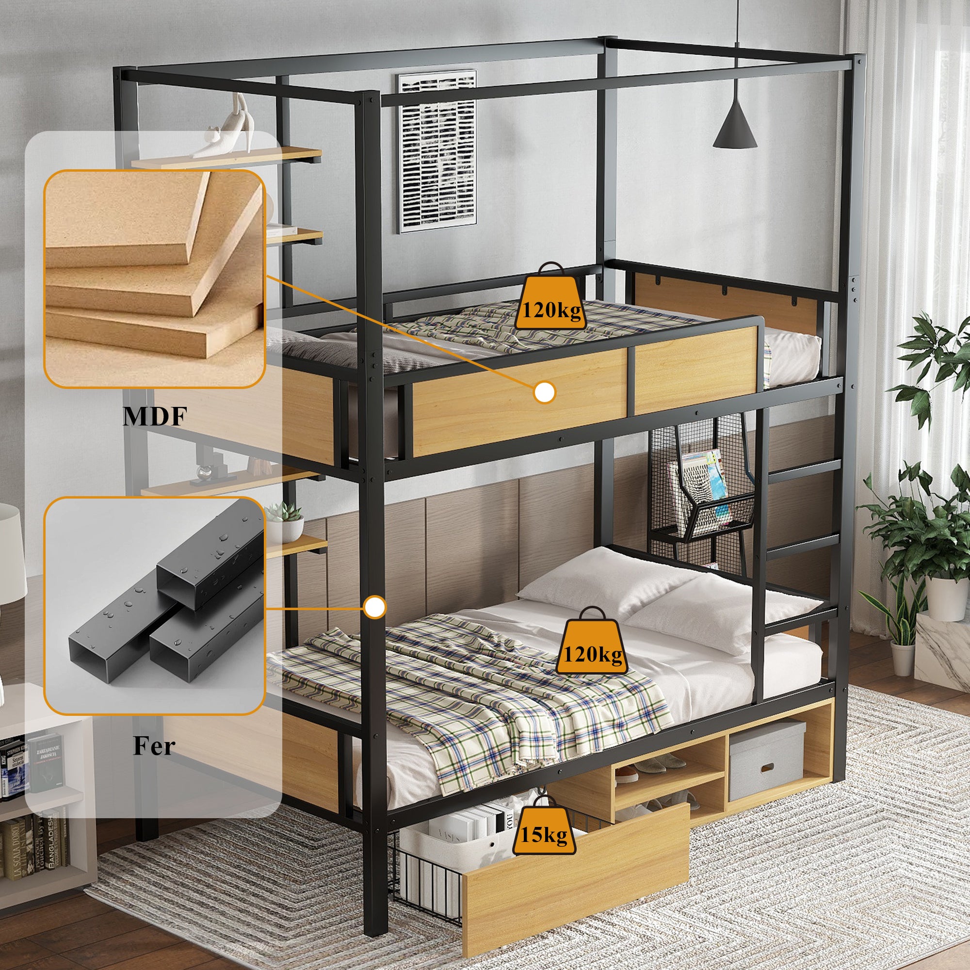 Bunk Bed, Iron & MDF, Double Shelf, Under Bed Storage, Black & Natural
