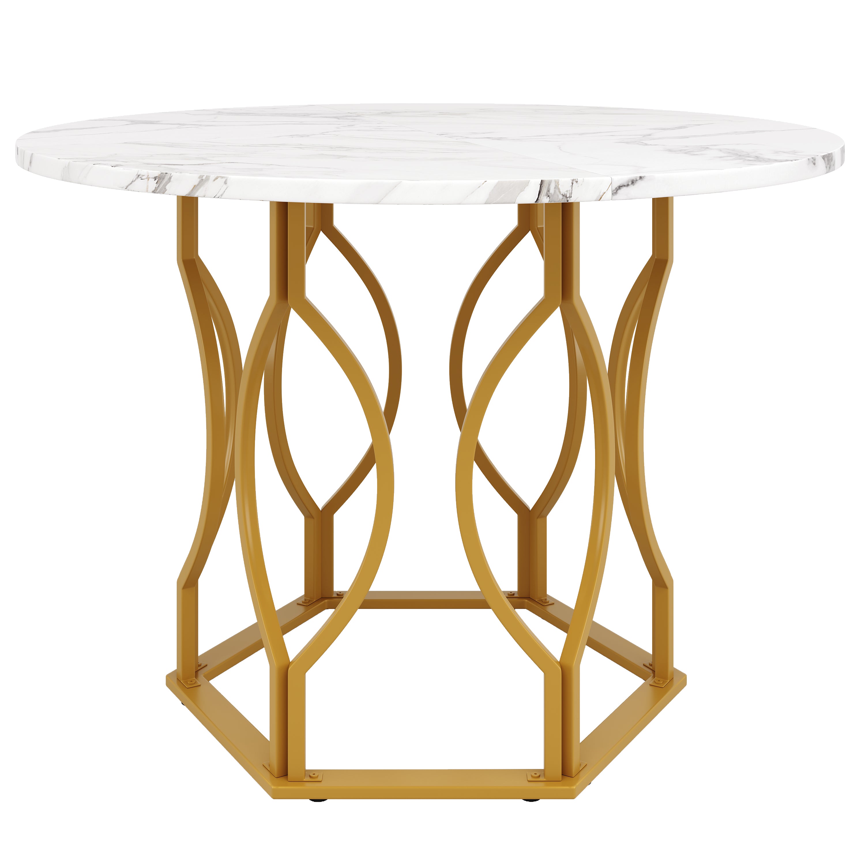 Round Dining Table (100x100x76cm), 4-Seater, Metal Legs, MDF Marbled Tabletop, Golden Legs