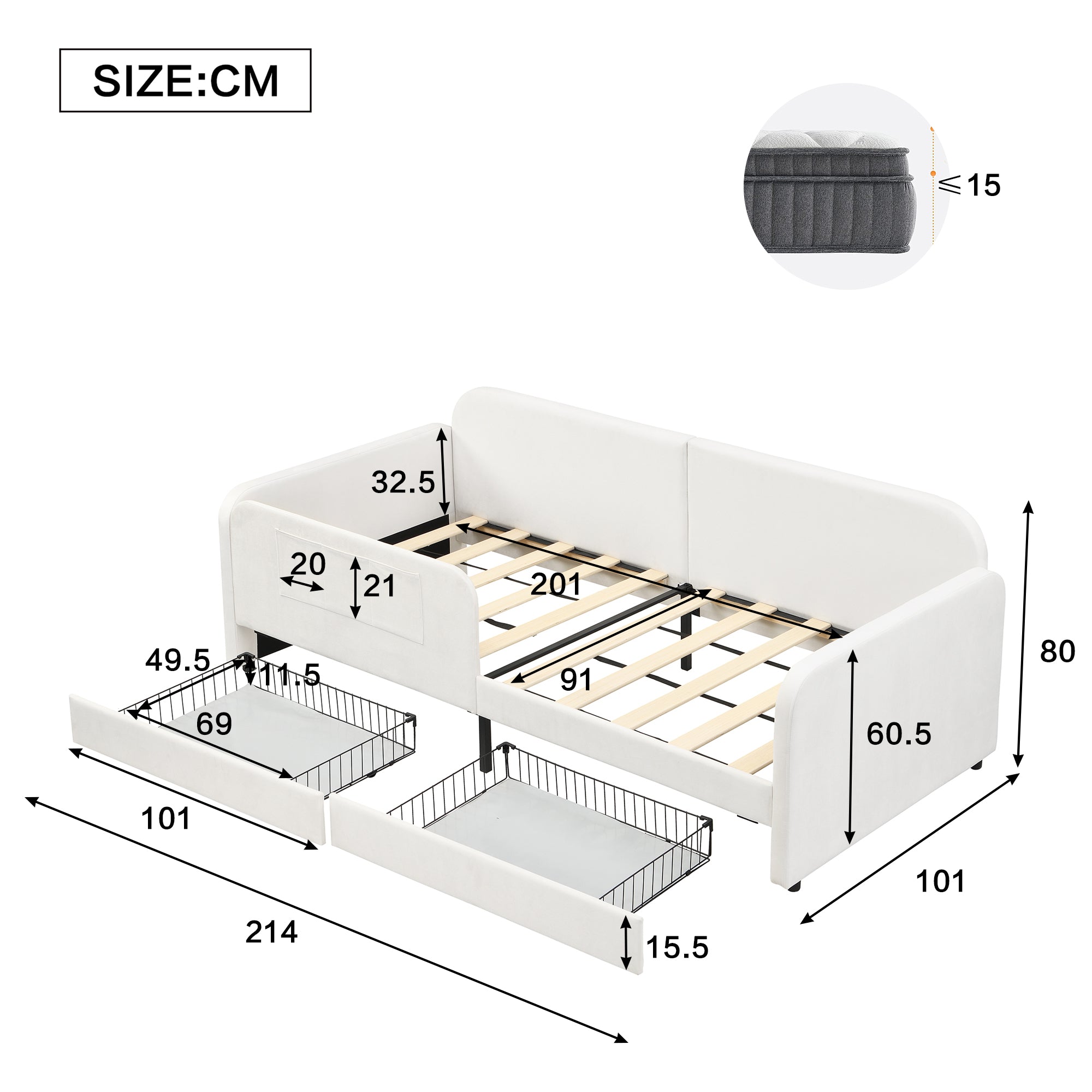 Children's Spliced Bed Upholstered Daybed Sofa Storage Drawers 90x200cm, White Velvet