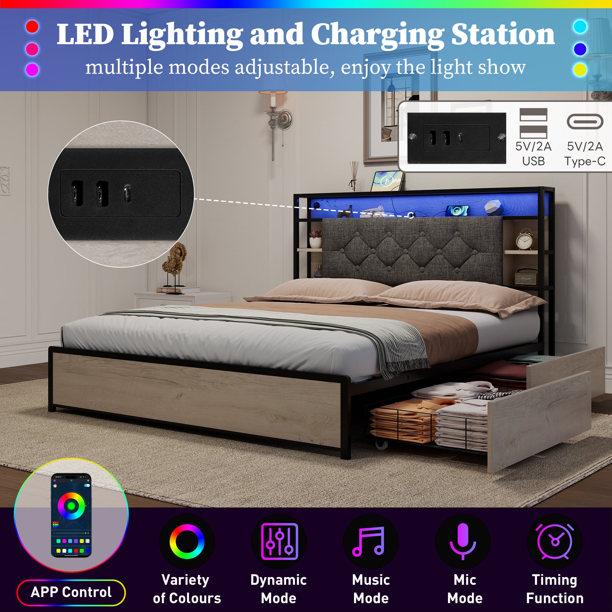 4ft6 Double Bed with Storage, LED Lighting, Grey Linen