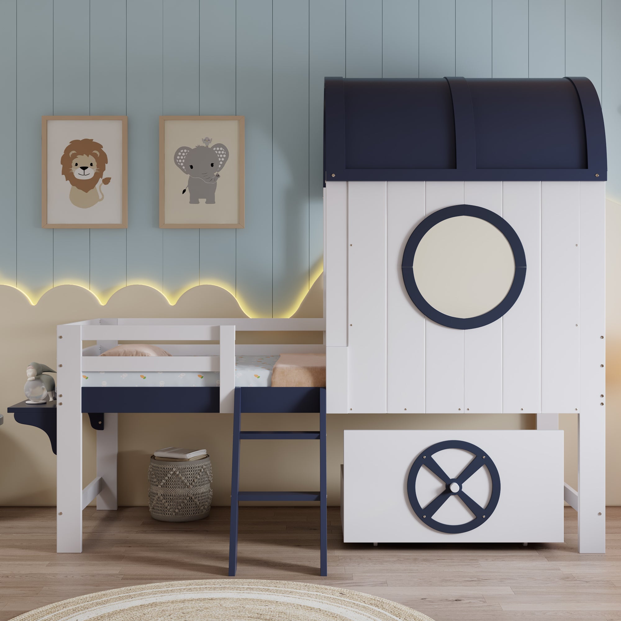 Bunk Bed, Half-Height Kids Bed with Roof, Window, Drawer & Ladder, Pine + MDF + Plywood, White + Dark Blue, 90x200cm