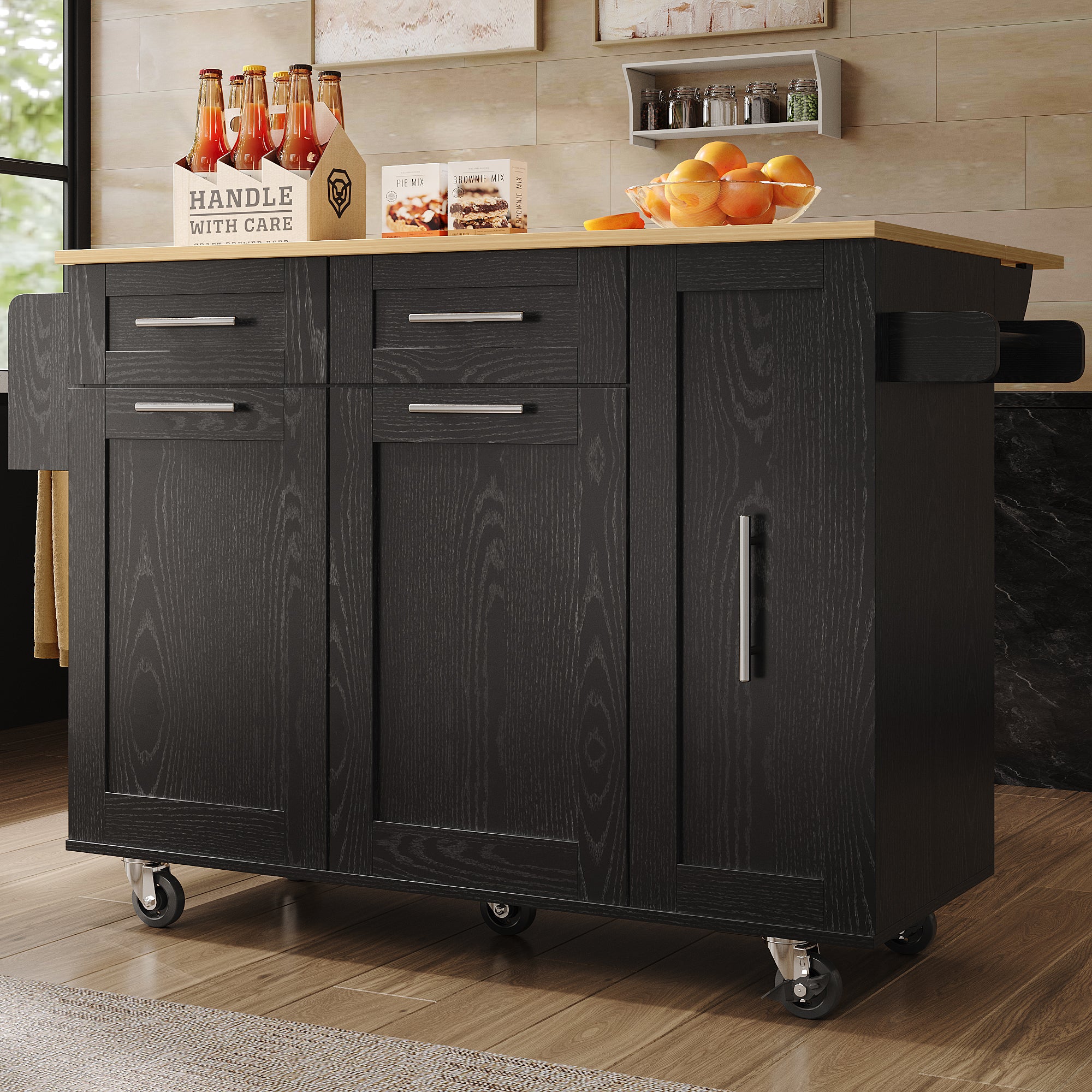 Kitchen Island, Buffet Cabinet Dining Cart with Storage, Black