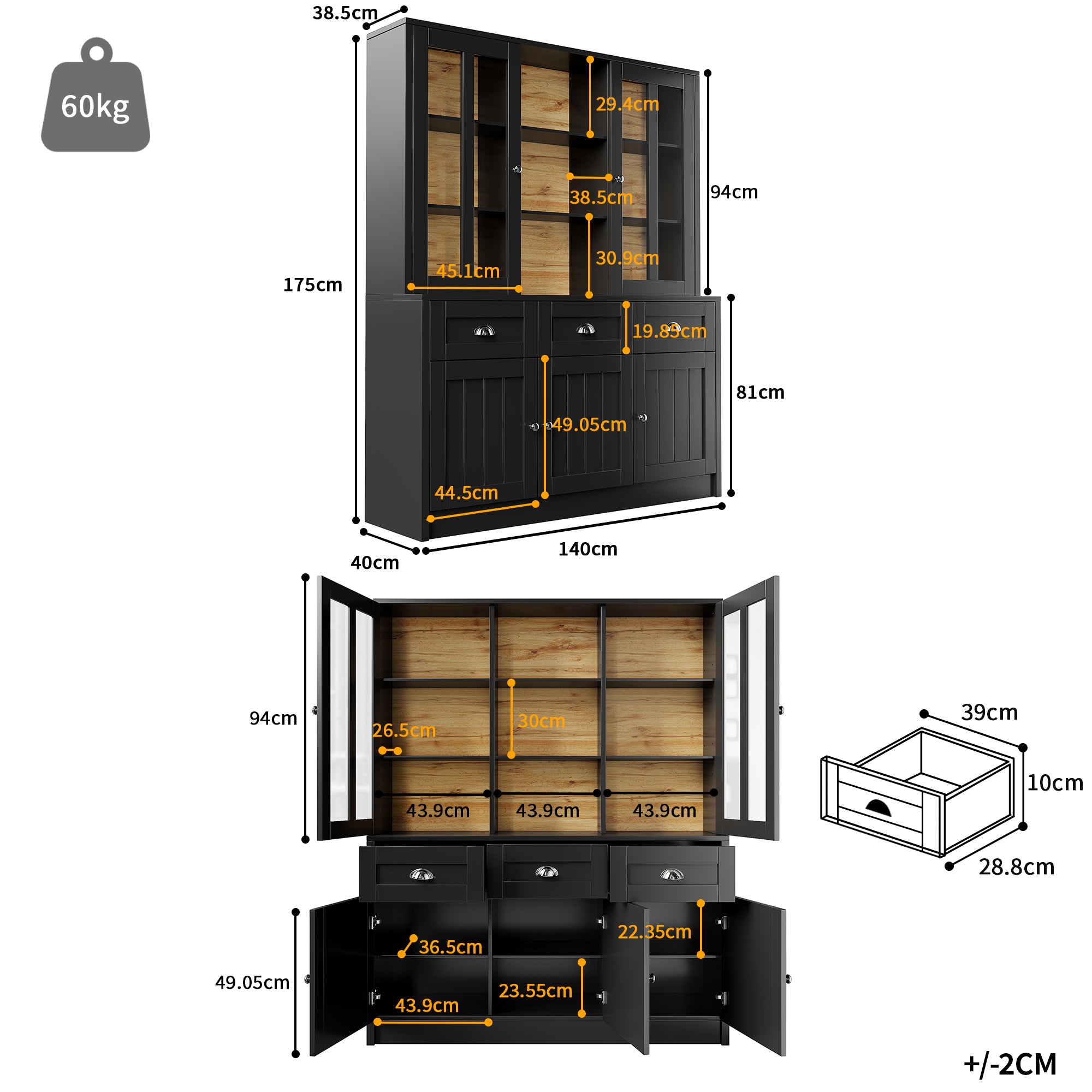 Minimalist Tall Display Cabinet with Drawers and Storage, Black
