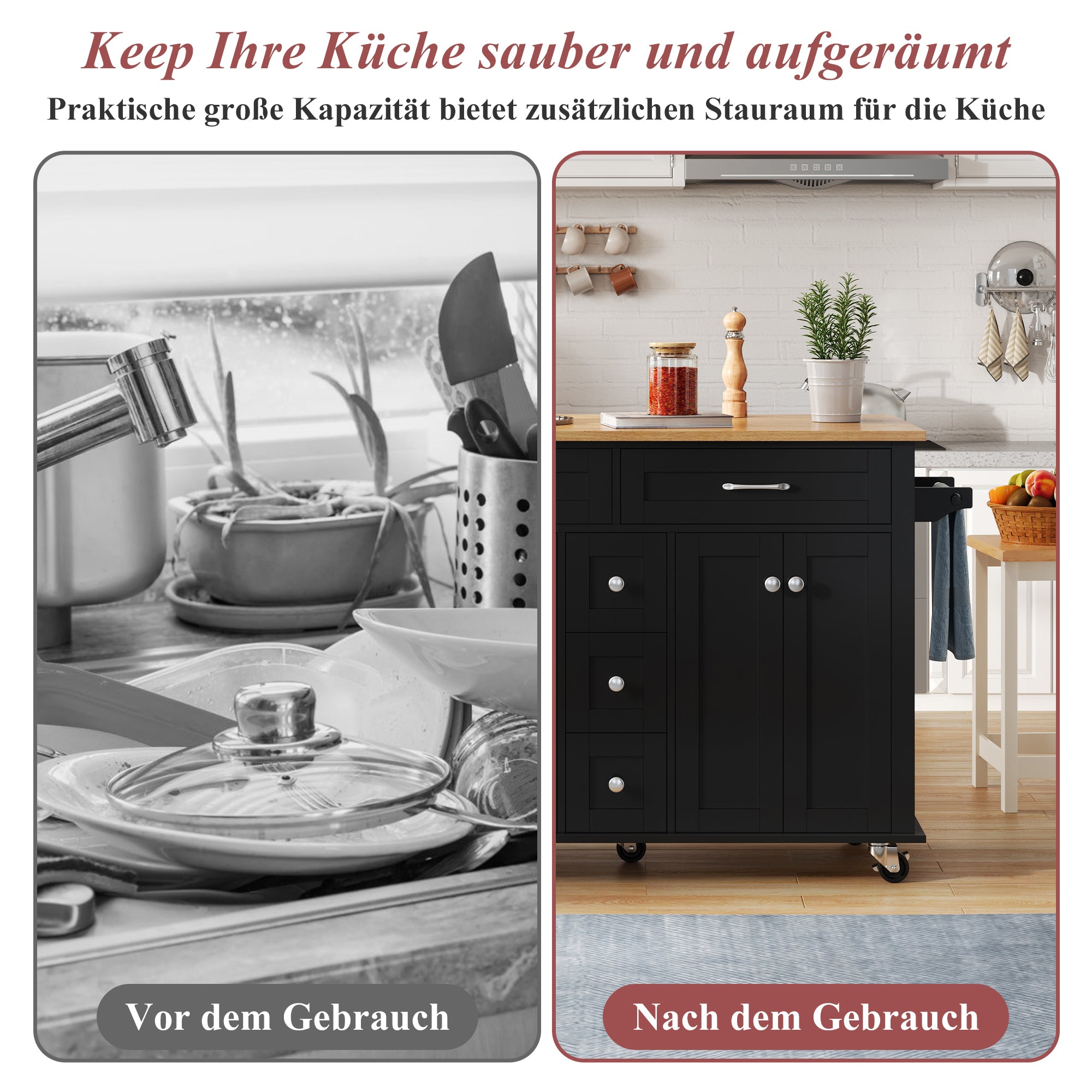 Multifunctional Kitchen Island Mobile Trolley with Extendable Worktop, 5 Drawers & Spice Rack