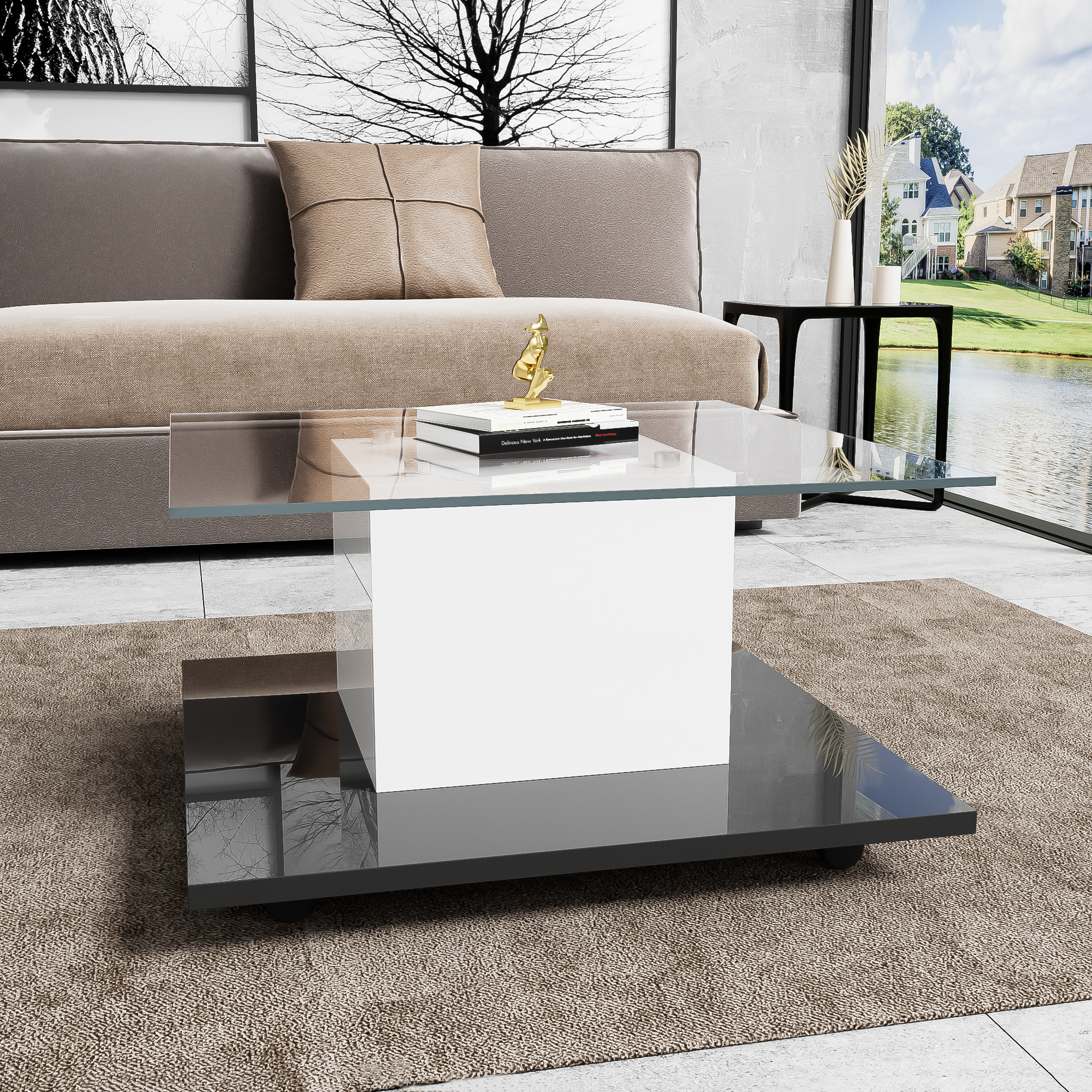 Coffee Table, High-Gloss Glass with Swivel Wheels