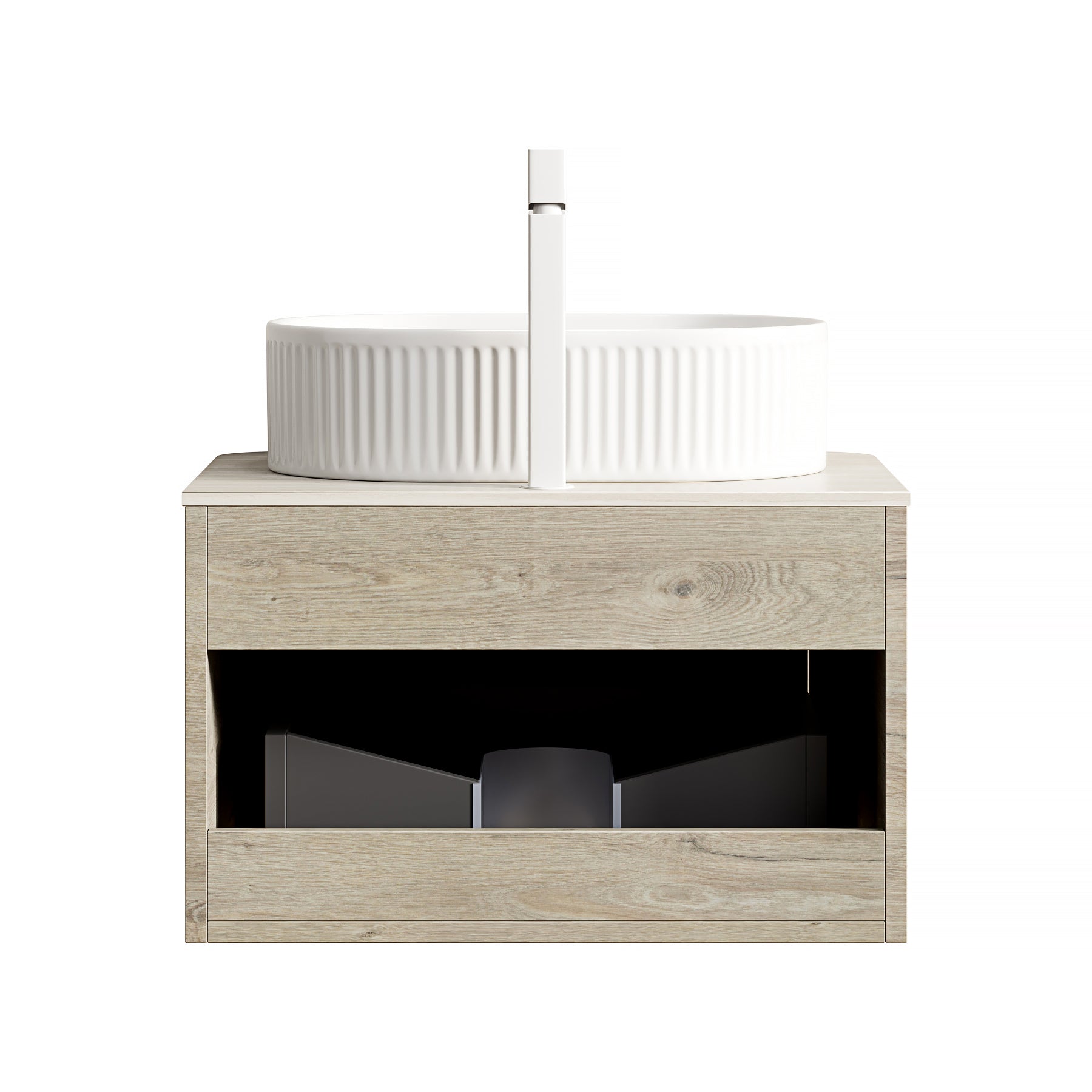 Floating Bathroom Vanity Unit with Oval Sink and Sintered Stone Top, Oak Cream Wood Grain