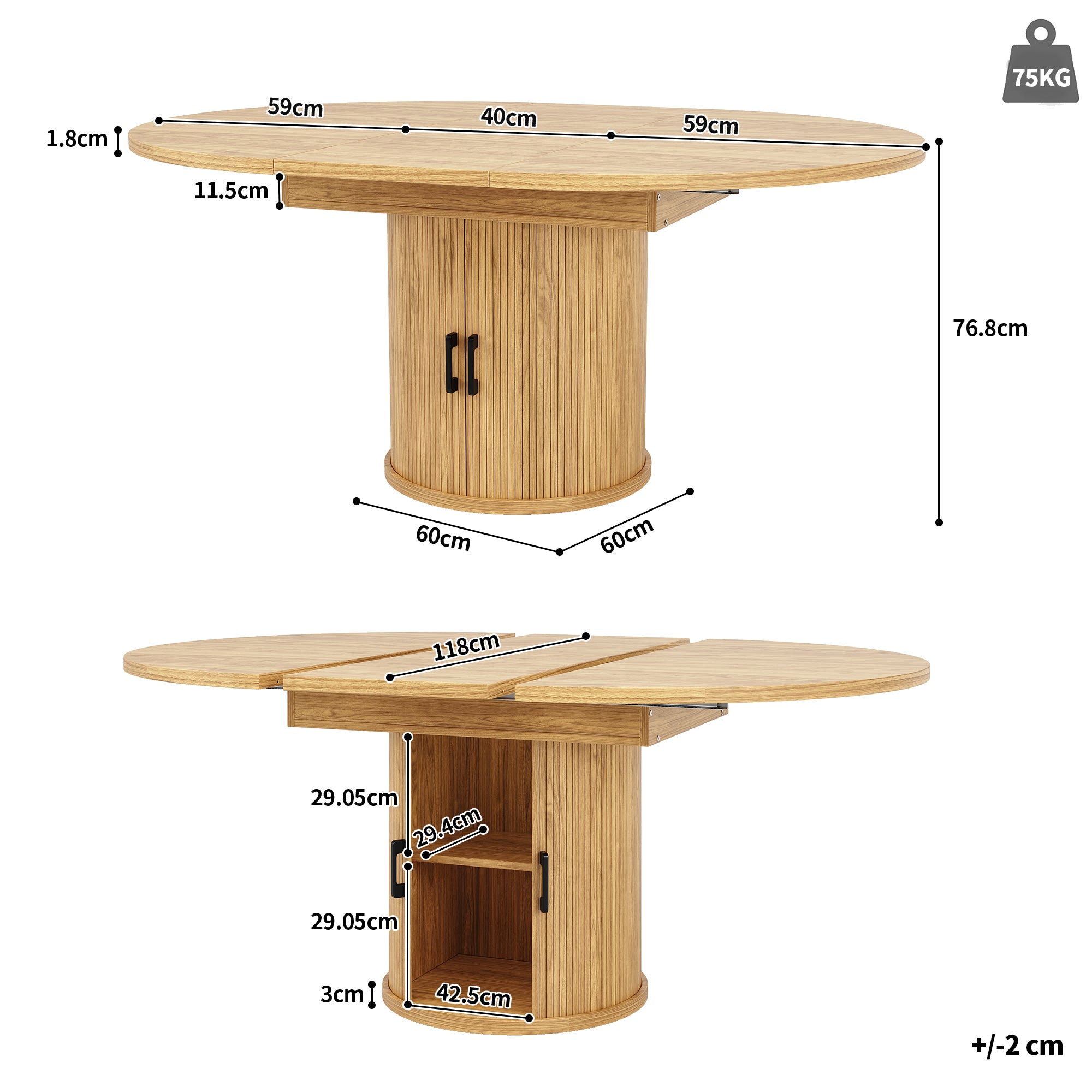 Extendable Round Dining Table, Oval Extension for 6 People, Wood Color
