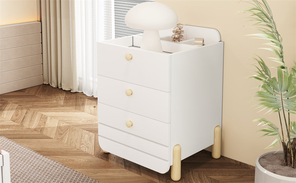 Bedside Table with 3 Drawers, Silent Design, Wood Feet, White