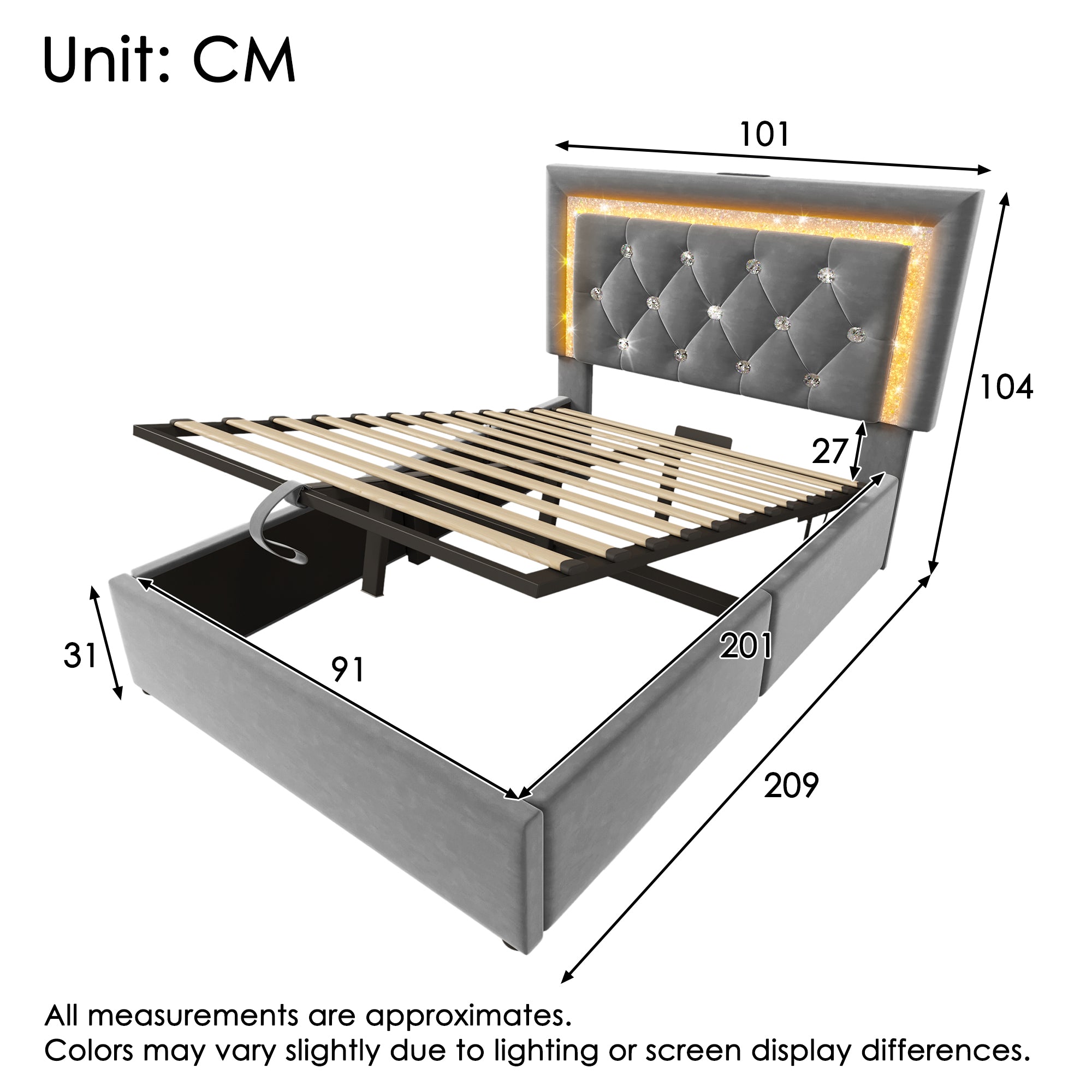 Upholstered Single Bed 90x200cm Hydraulic Storage LED USB/Type-C Charging - Velvet Grey