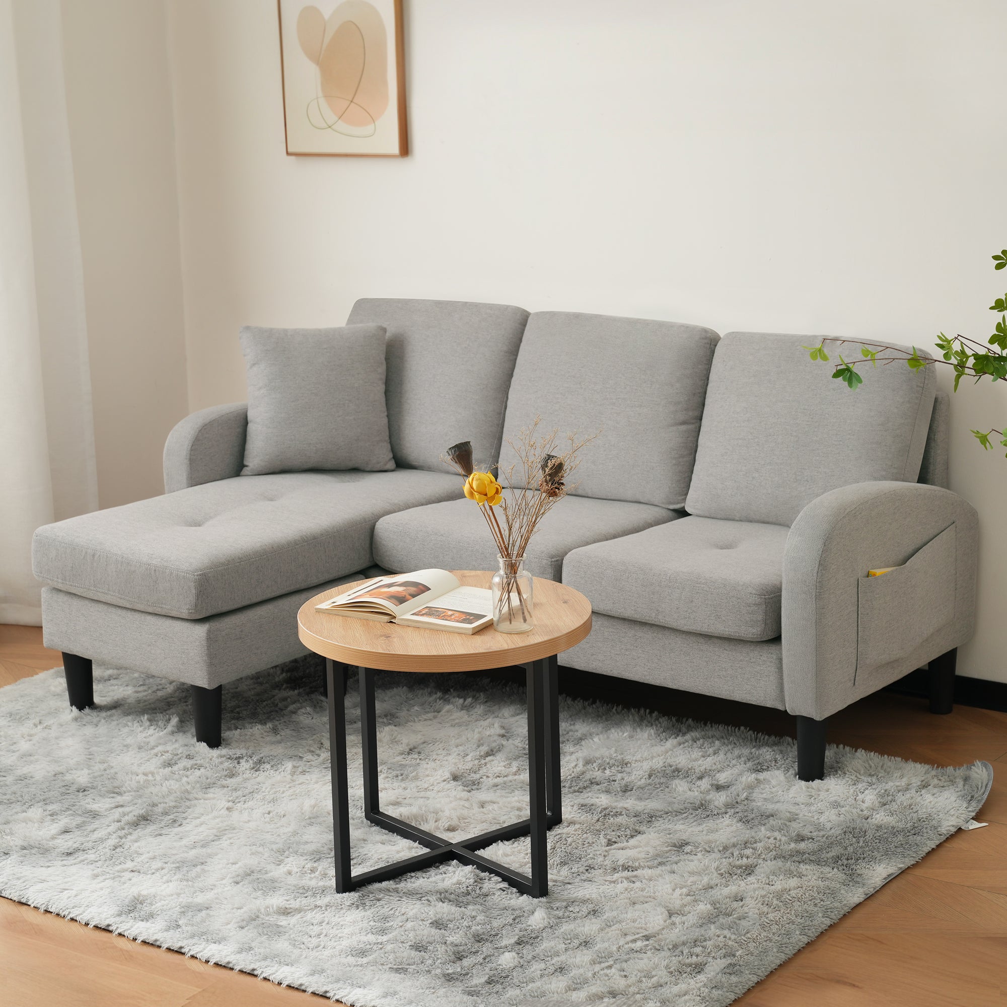 L-shaped Corner Sofa with Chaise Lounge, 3-Seater Modular Design, Cotton-Linen Fabric