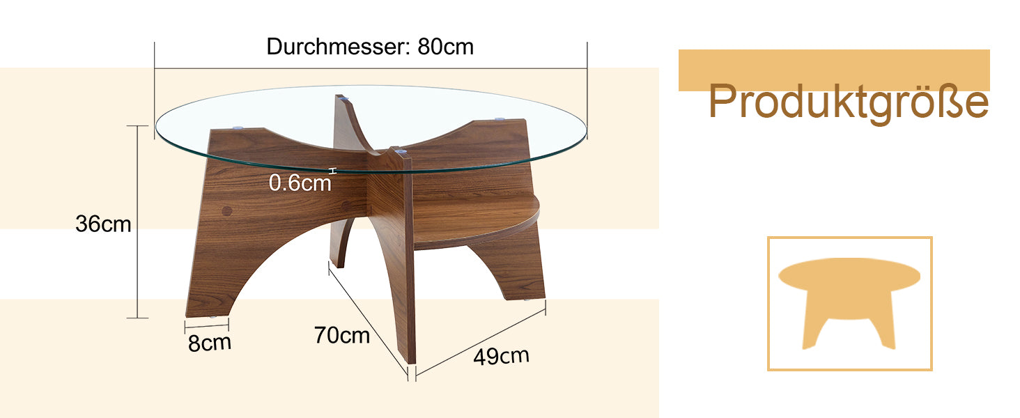 Round Side Table Ø 80 cm Safety Glass Top Multifunctional Walnut-Finish MDF