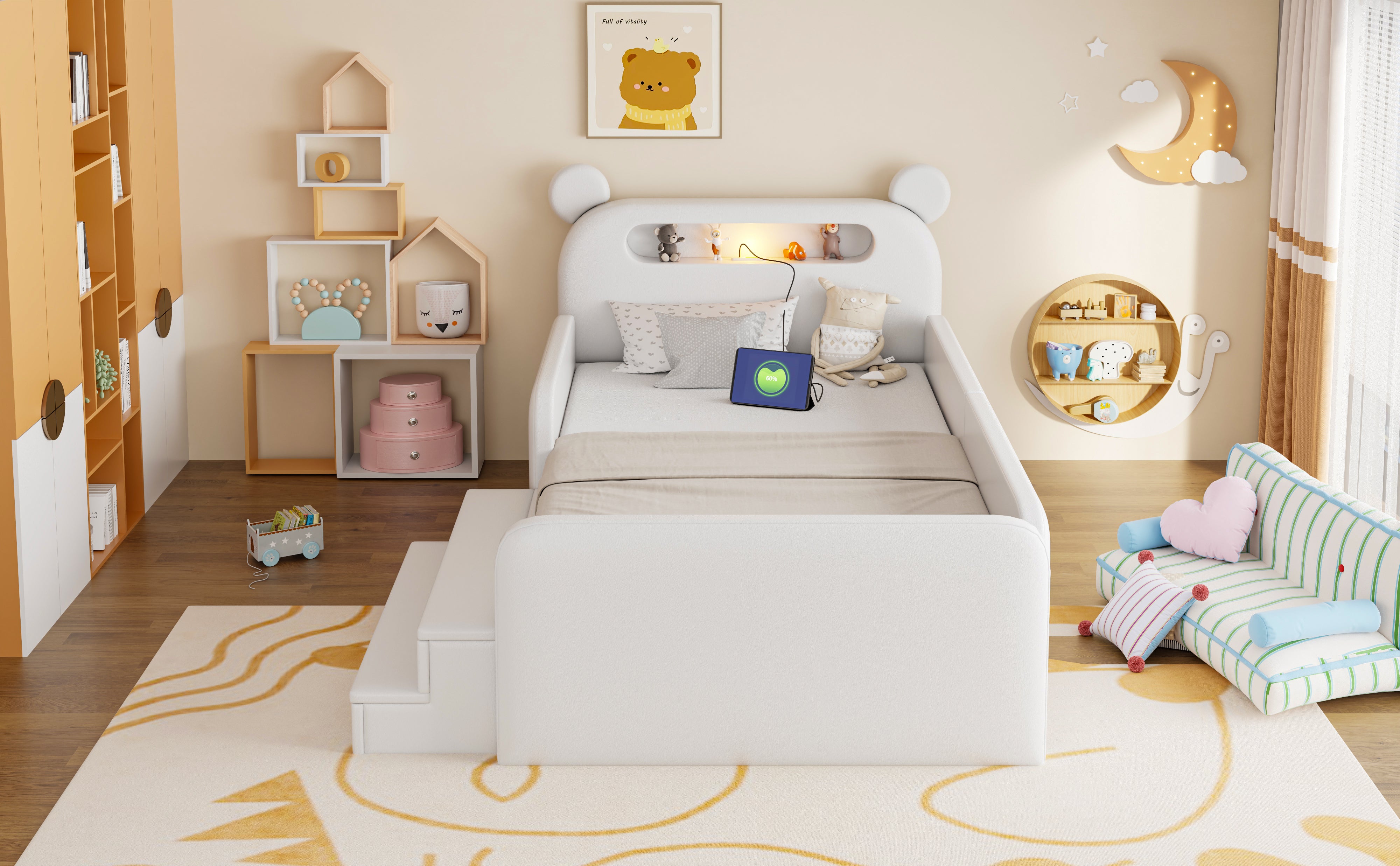 Children's Upholstered Bed 90x200cm Bear Headboard Night Light USB Storage Step Seat White Faux Leather