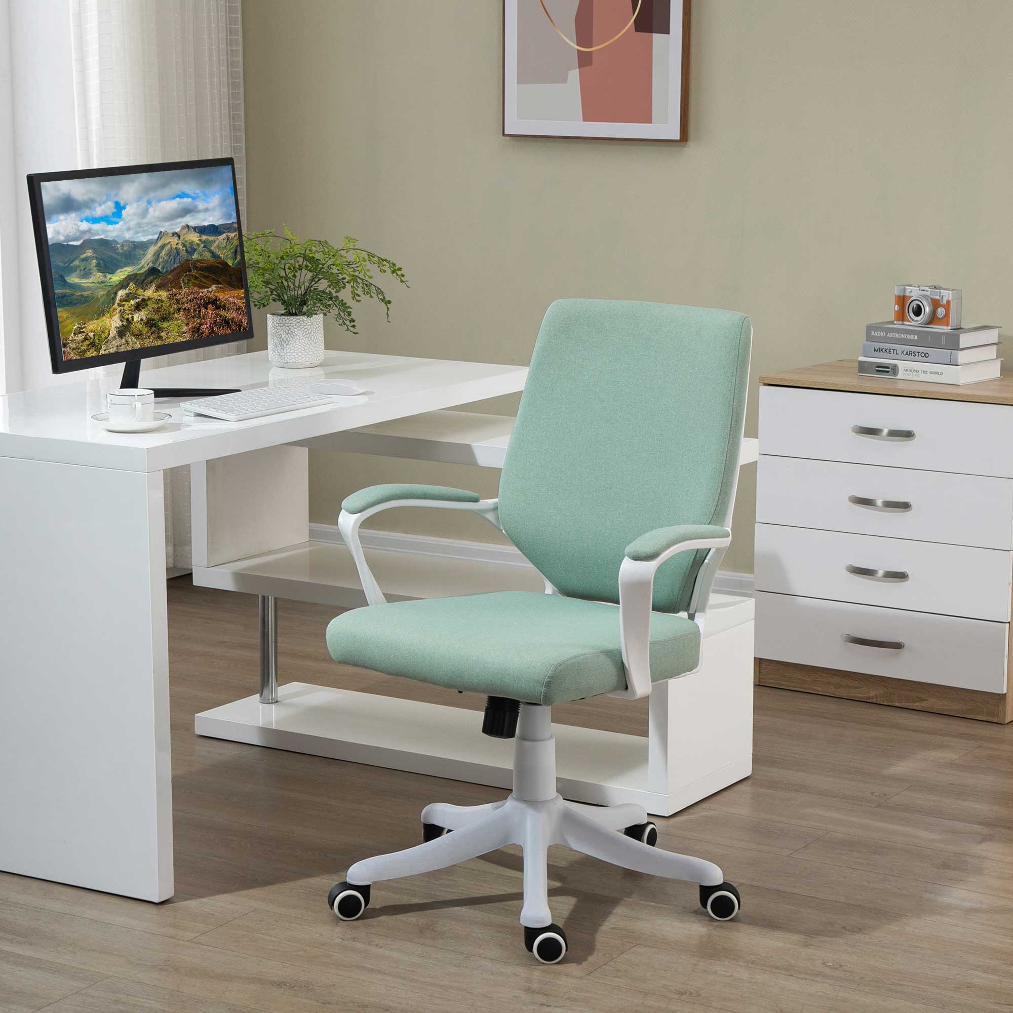 Ergonomic Office Chair Rocking Function Padded 360° Swivel Casters, Green Polyester