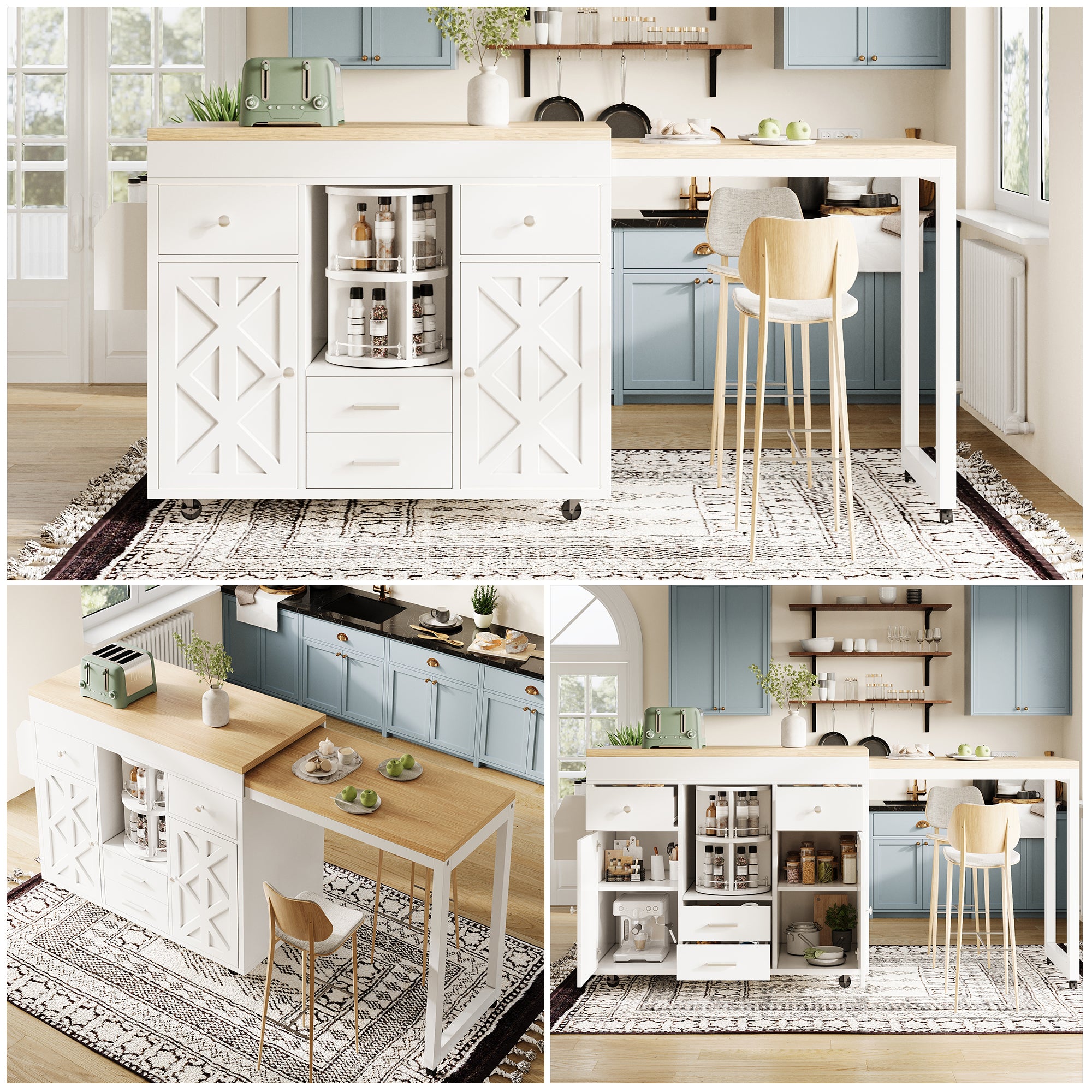 Modern Extendable Bar Table and Kitchen Trolley with Rotating Organizer and Adjustable Shelves, White