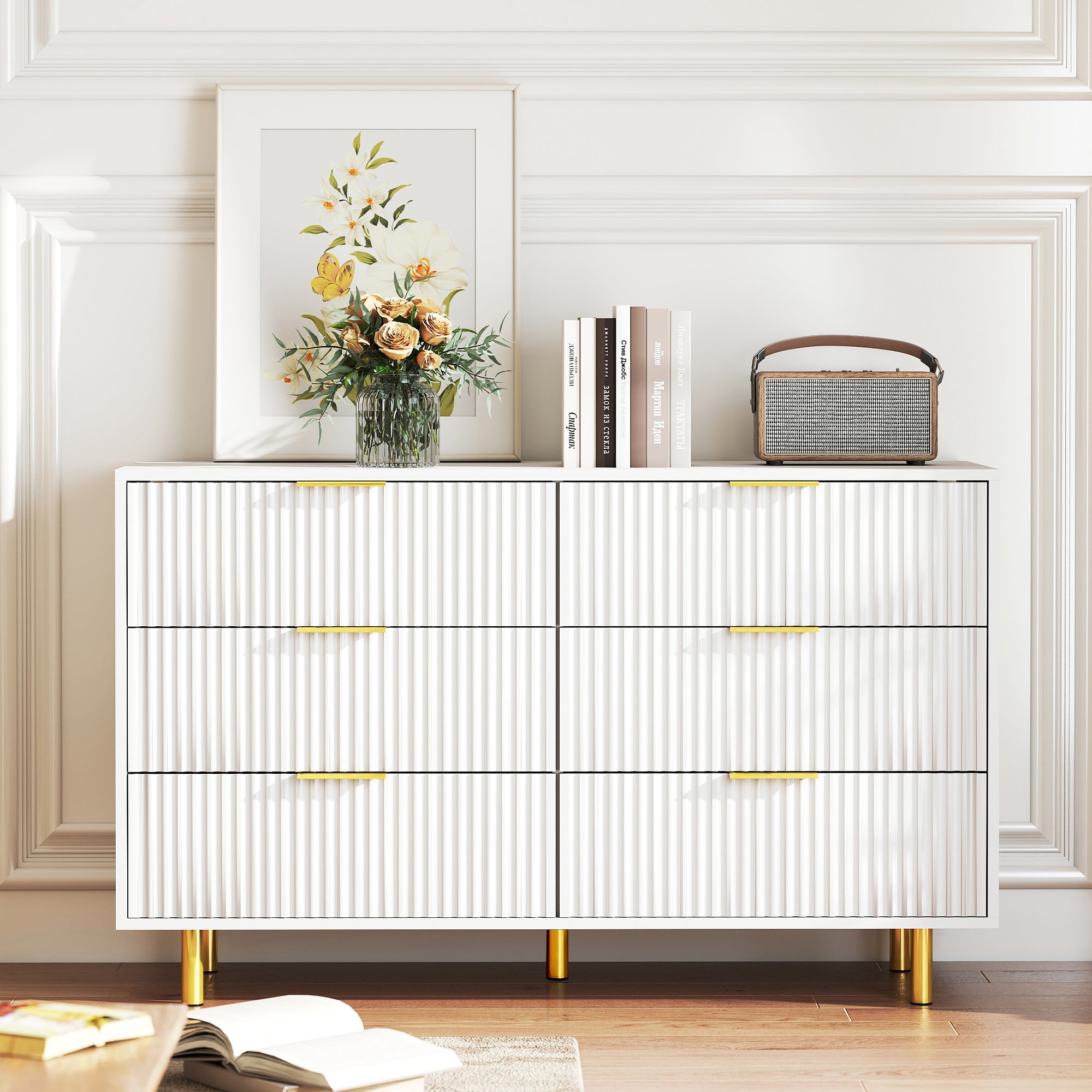 Chest of Drawers Sideboard with 6 Drawers and Modern Design, White and Gold