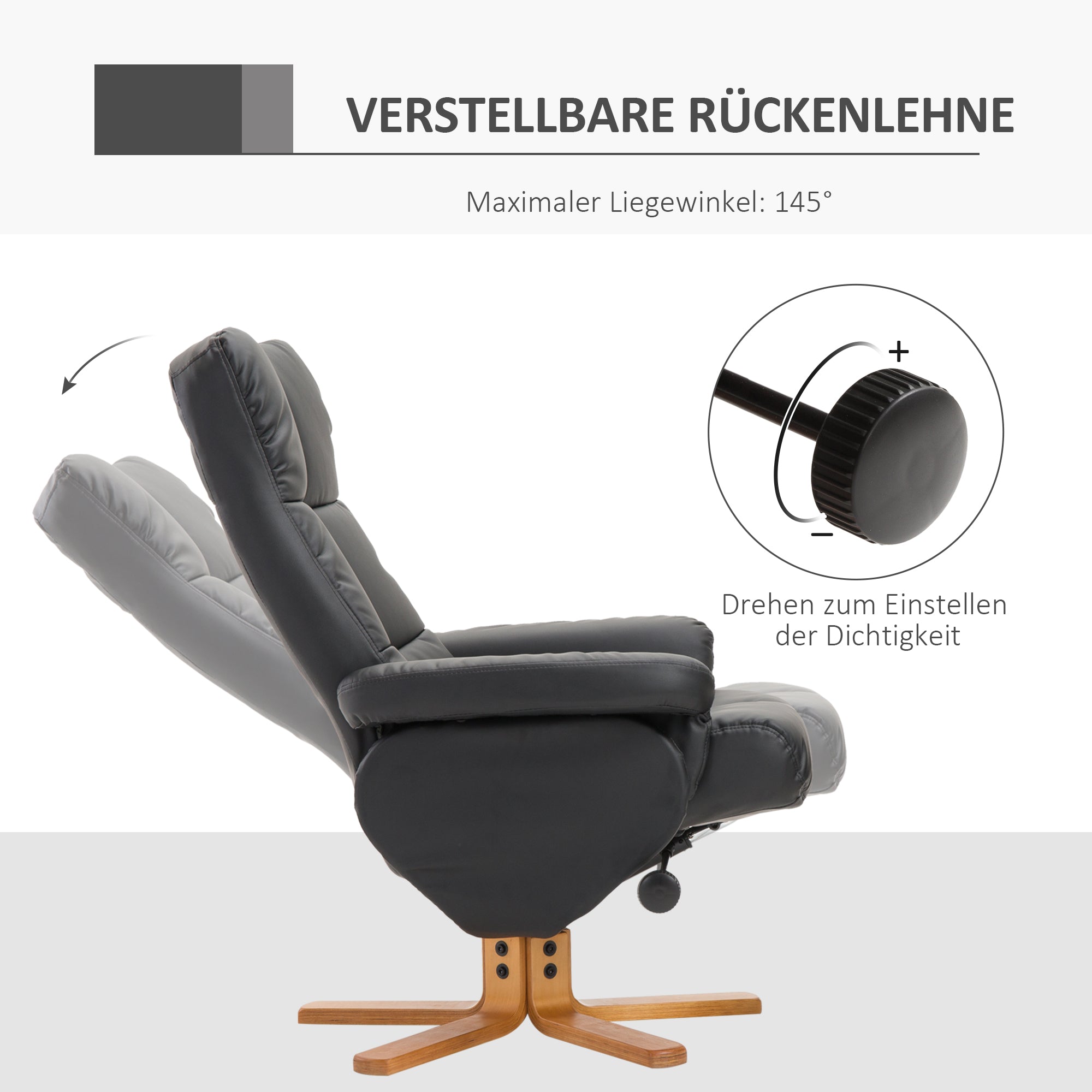 Reclining Armchair with Footstool, 360° Swivel TV Armchair, PU Leather Black