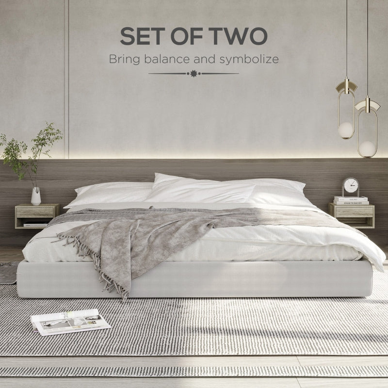 Set of Two Floating Bedside Tables Wall Mounted Nightstands with Drawer and Shelf, Brown Wood-Effect