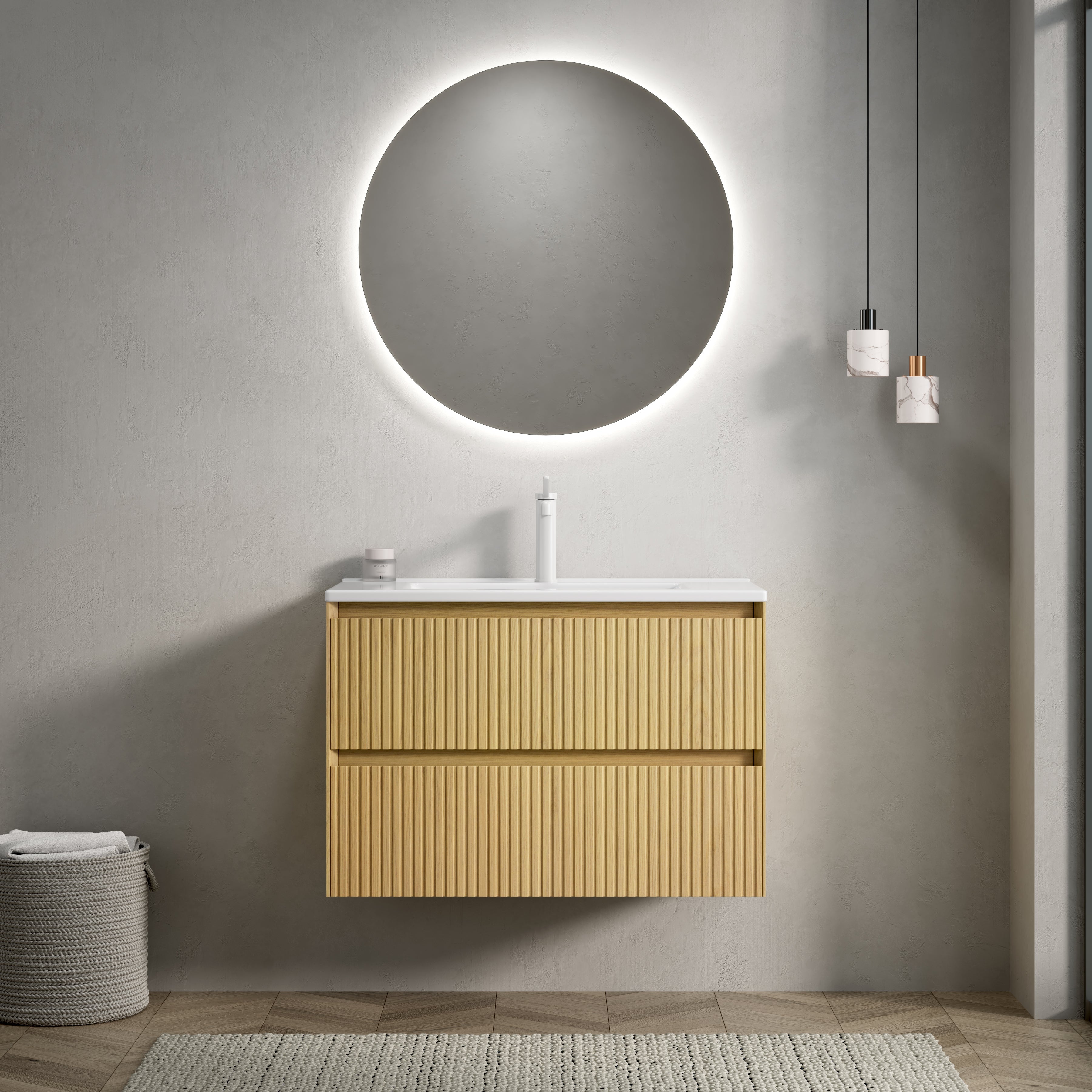 DAVE 75cm Wall Mounted Bathroom Vanity Unit with Ceramic Undermount Sink, Plywood Cabinet with 2 Drawers, Collora Wood Grain