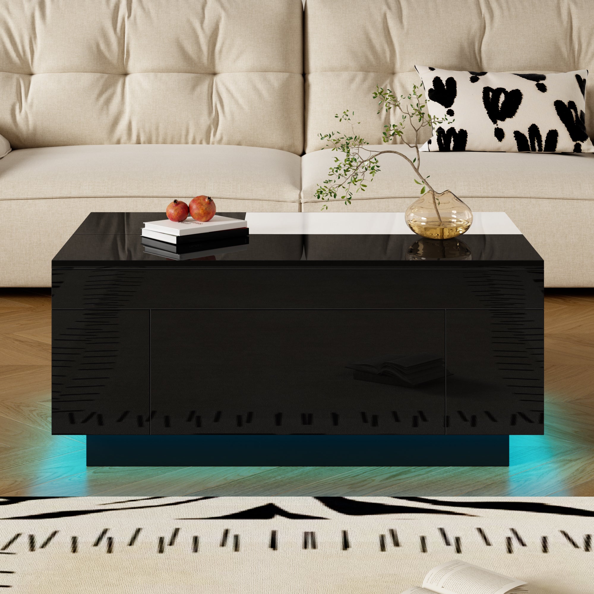 High-gloss Coffee Table with LED Lighting, Extendable, Storage, Black and White