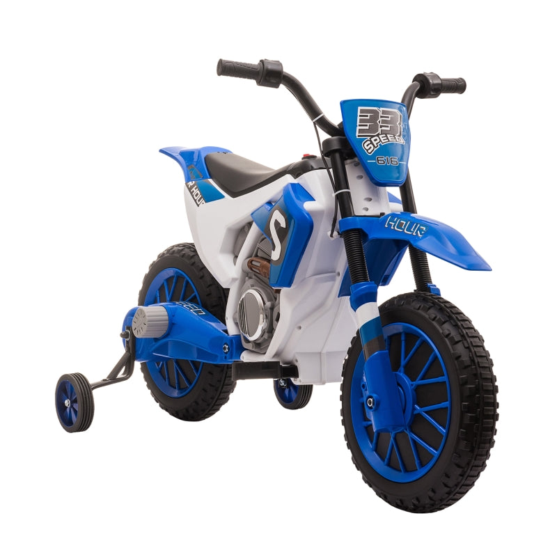 Children's Electric Motorcycle with Training Wheels and 45 Min Driving Time, Blue and White