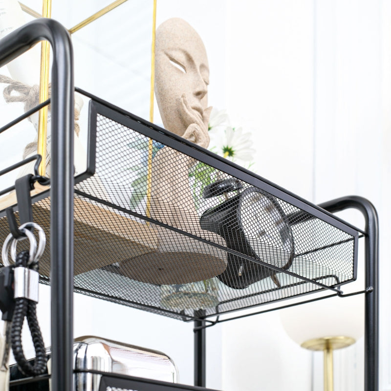 Steel Mesh Basket Storage Trolley, Five-Tier with Wheels - Black