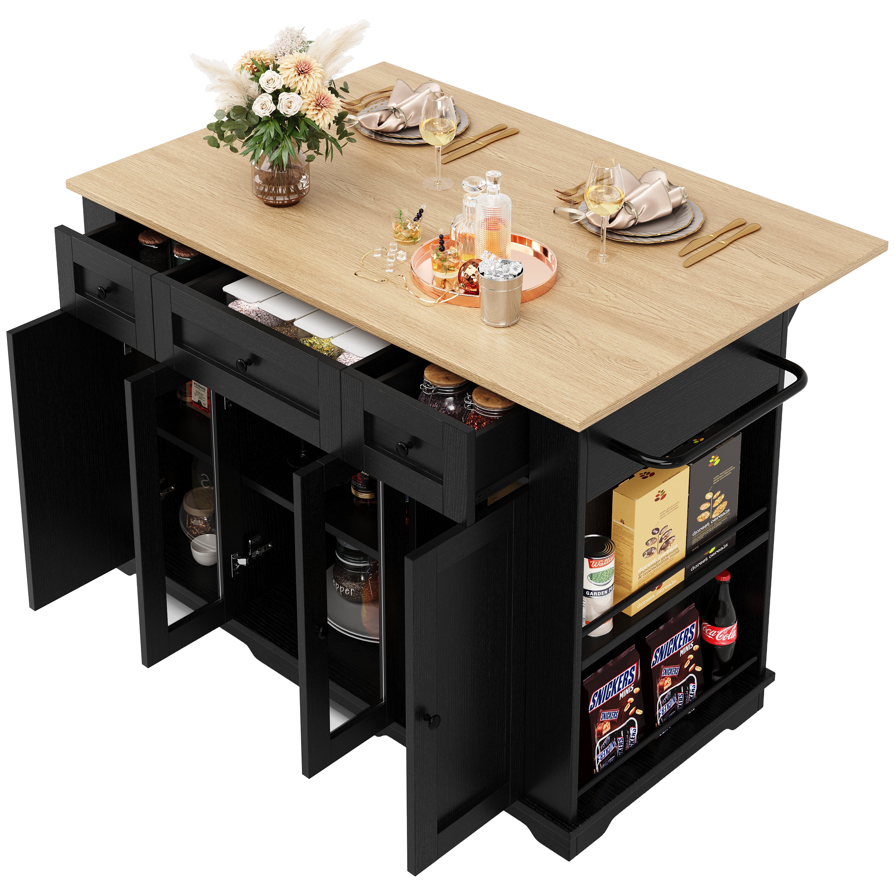 Kitchen Island, Removable Dividers, Dining Cart with Tempered Glass, Black