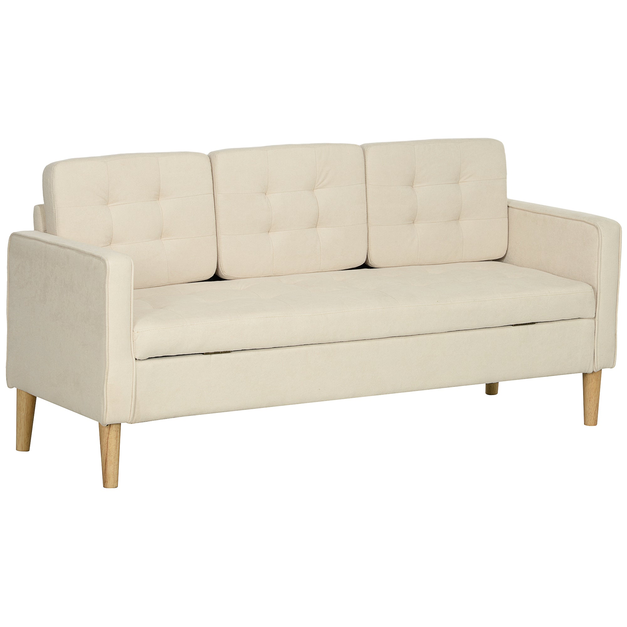 3-seater Sofa, Storage, Wooden Legs, Velvet, Cream White