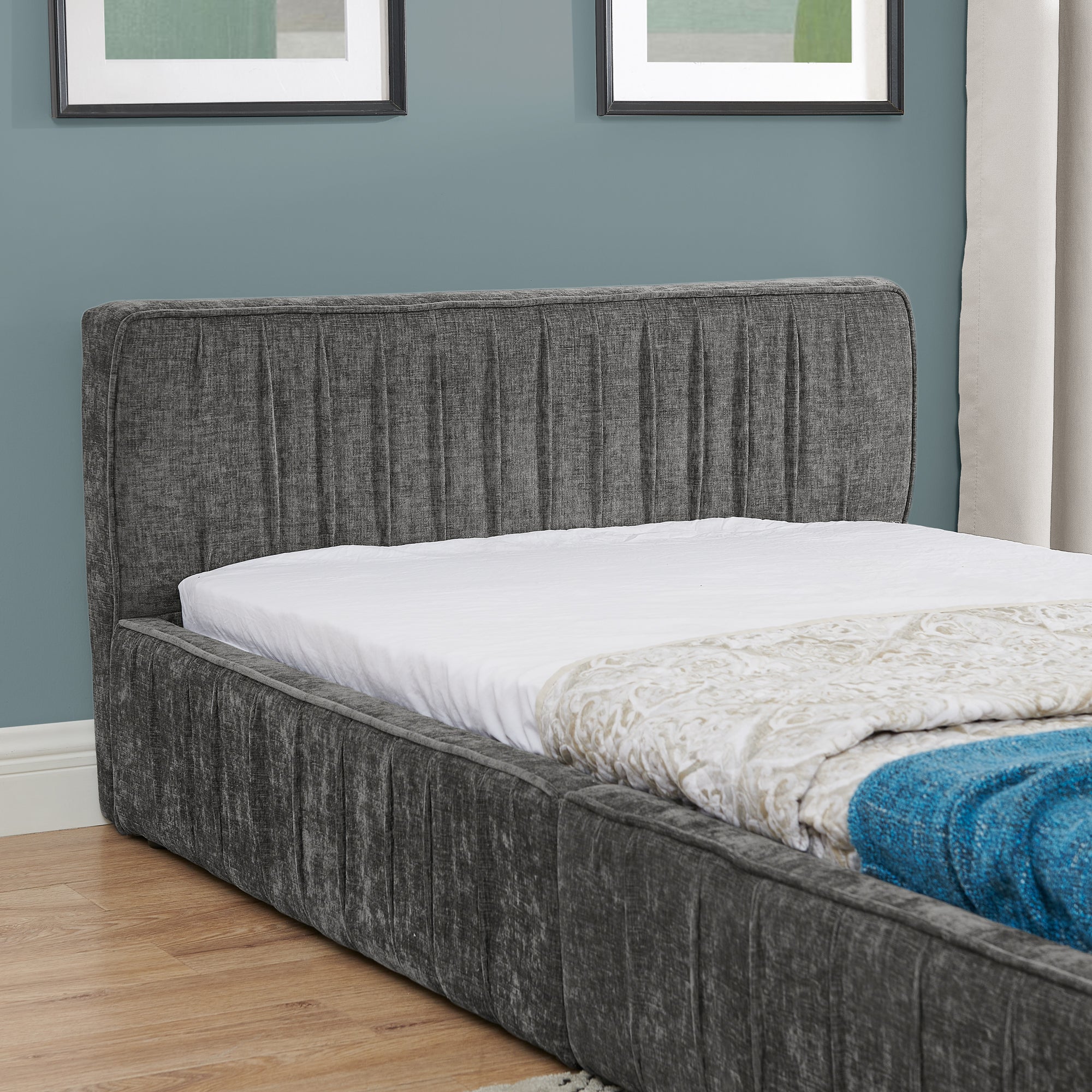 Single Bed 90x200cm Eucalyptus Wood Frame, Chenille Dark Grey