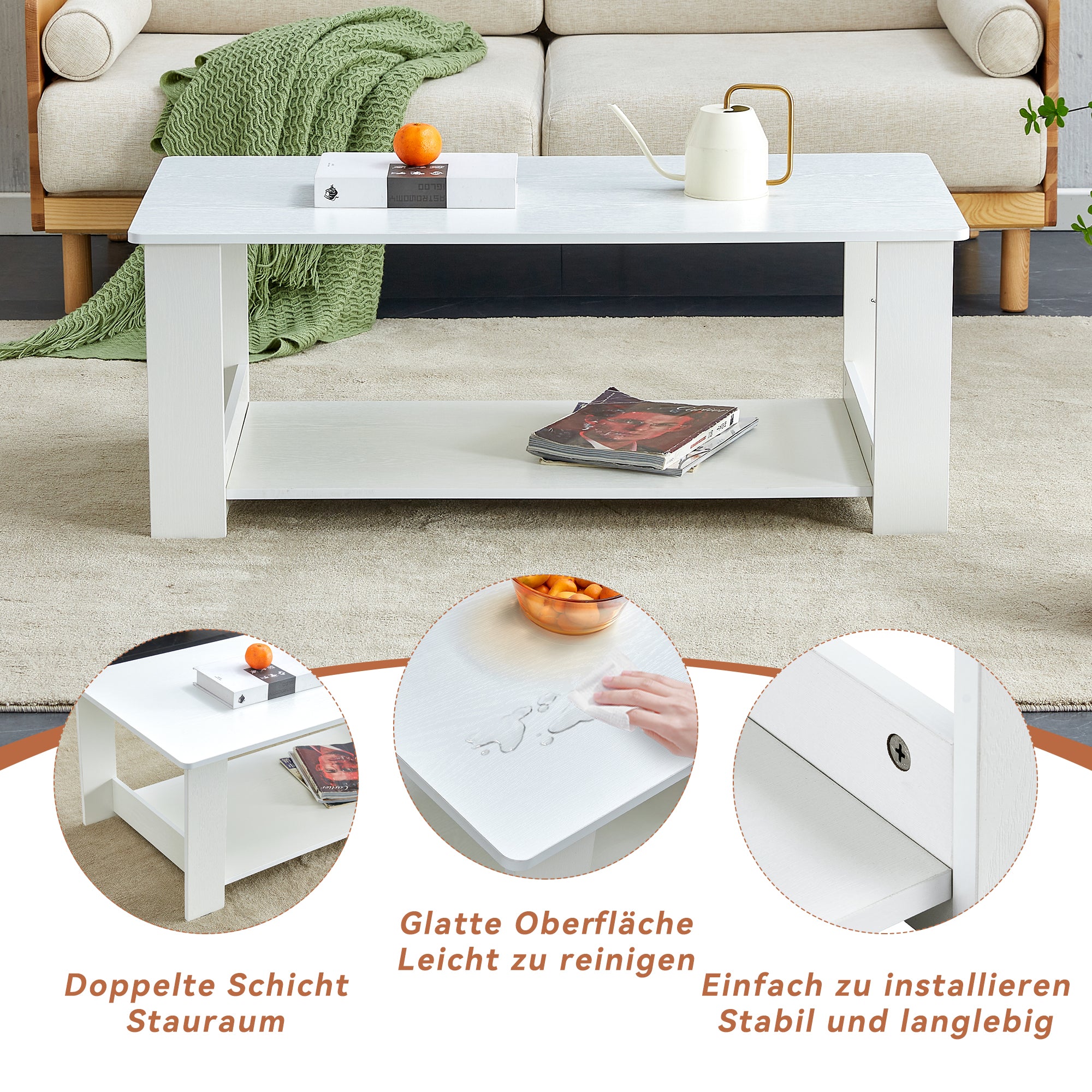 Side Table Modern Simple 110x55x42cm 2-Tier Storage White Wood Grain