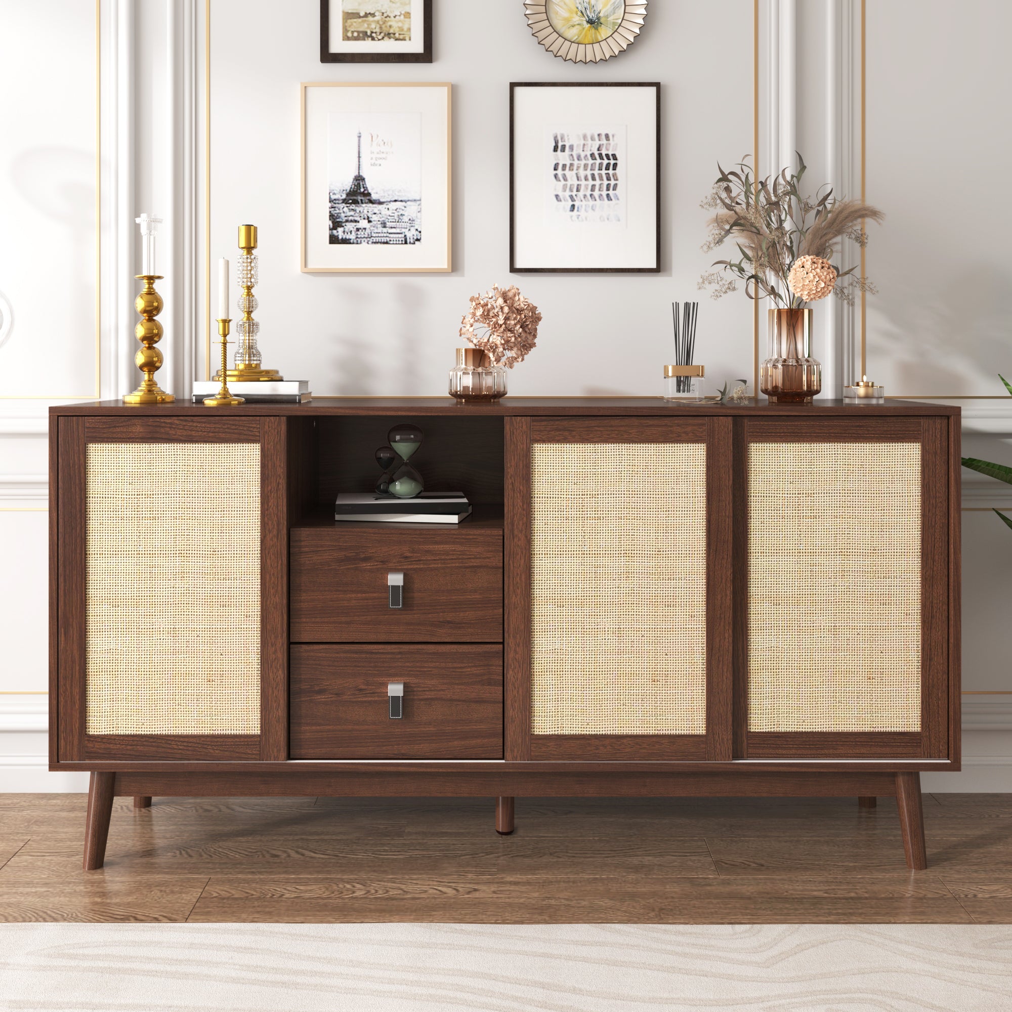 Sideboard, 3 Sliding Rattan Doors, 2 Drawers, Dark Wood