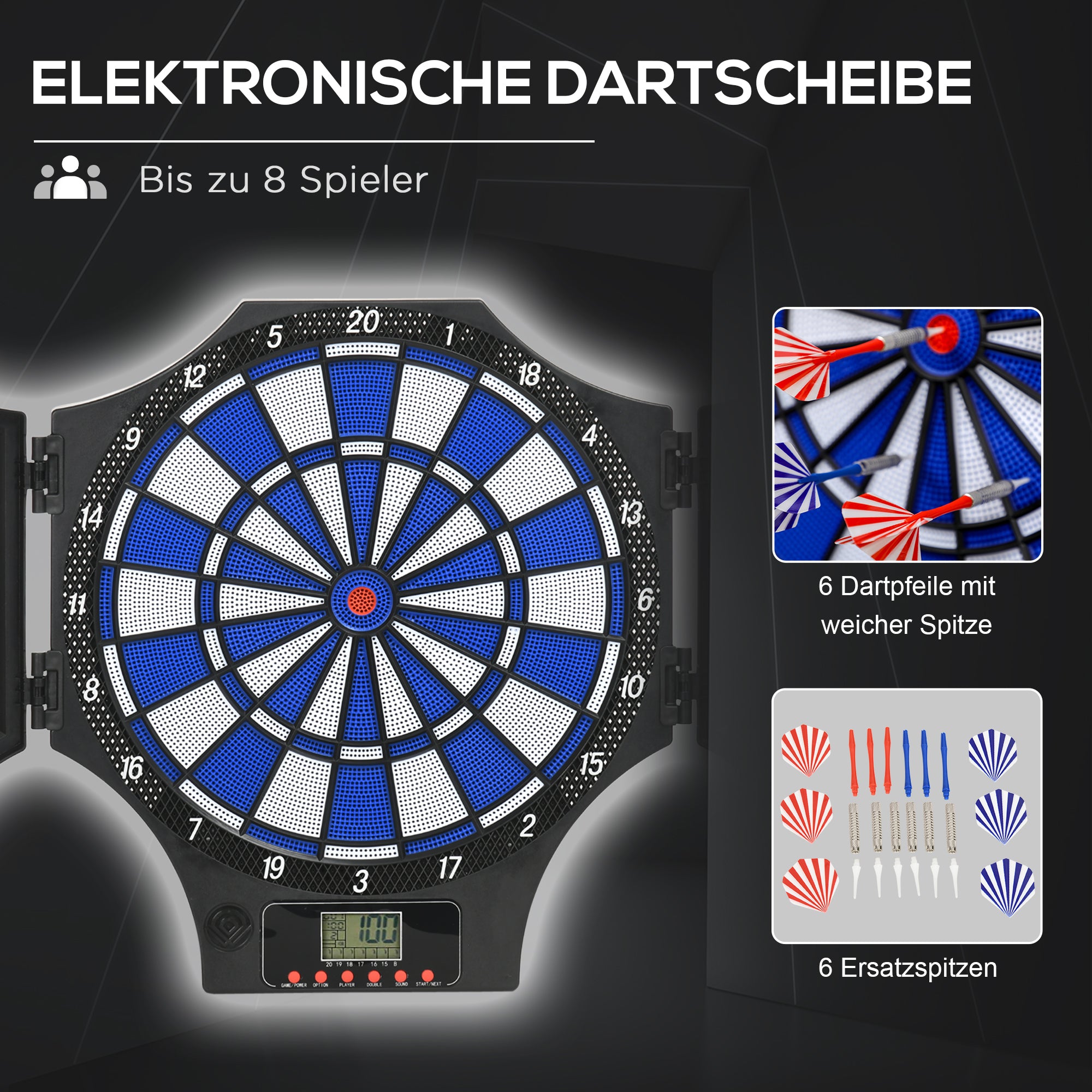 Electronic Dartboard, 12 Darts LCD Display for 8 Players, Plastic