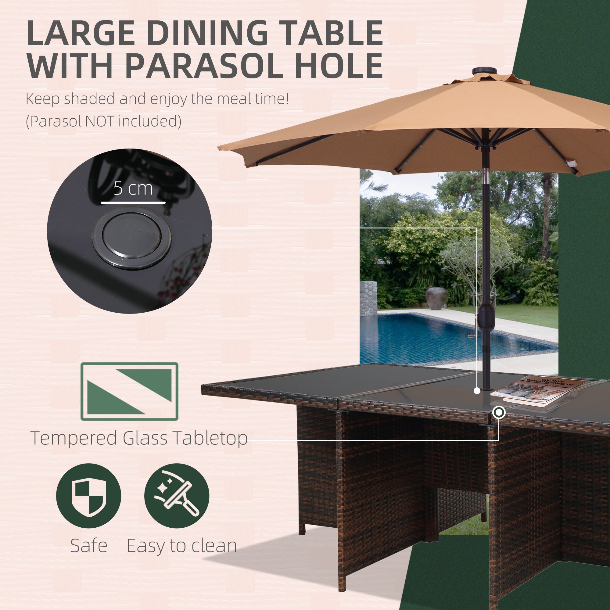 10 Seater Rattan Cube Garden Dining Set w/ Parasol Hole & Cushions, Glass Top, Mixed Brown