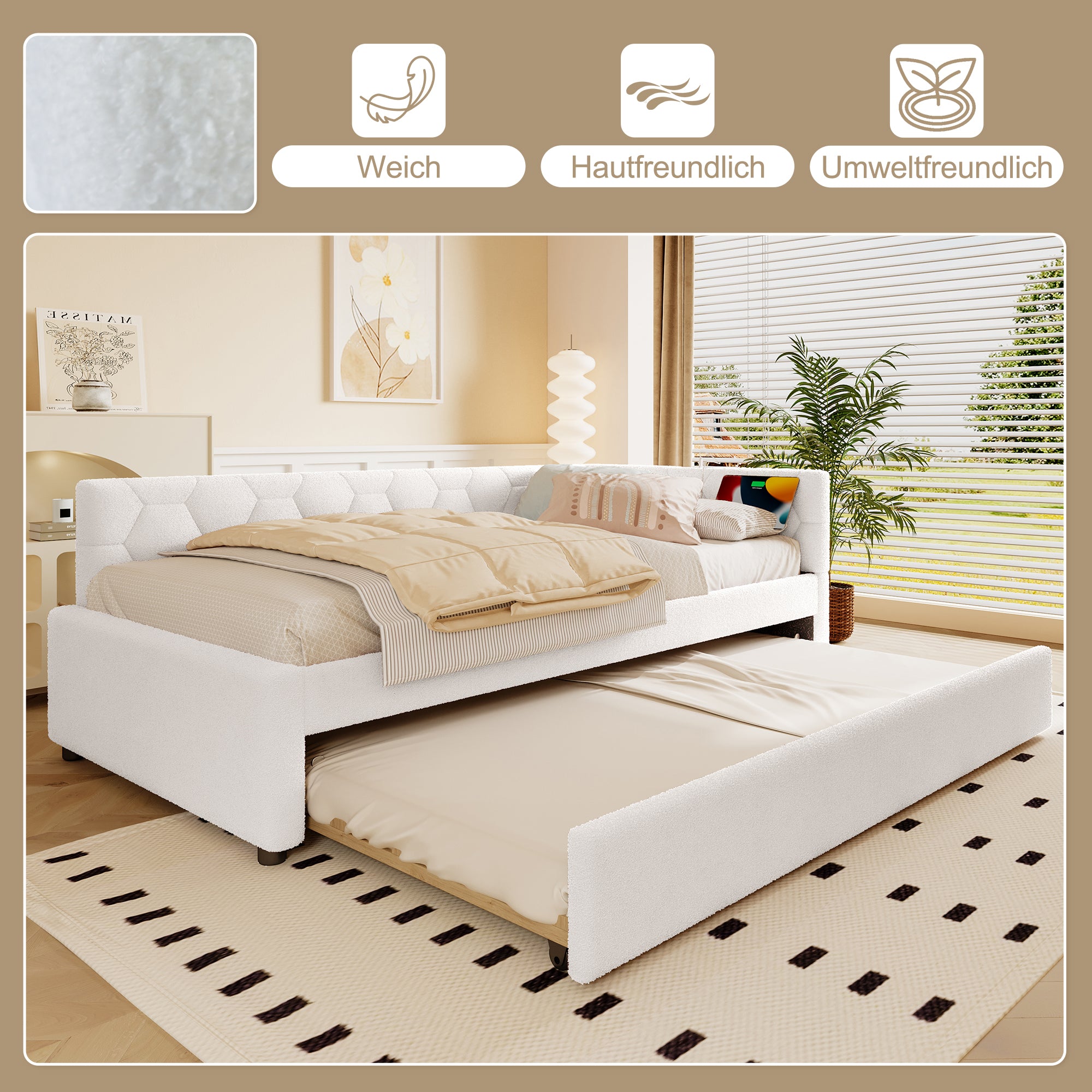 Daybed Sofa Bed 90x200cm Pull-Out Bed Lamp USB/Type-C - Fleece Imitation White