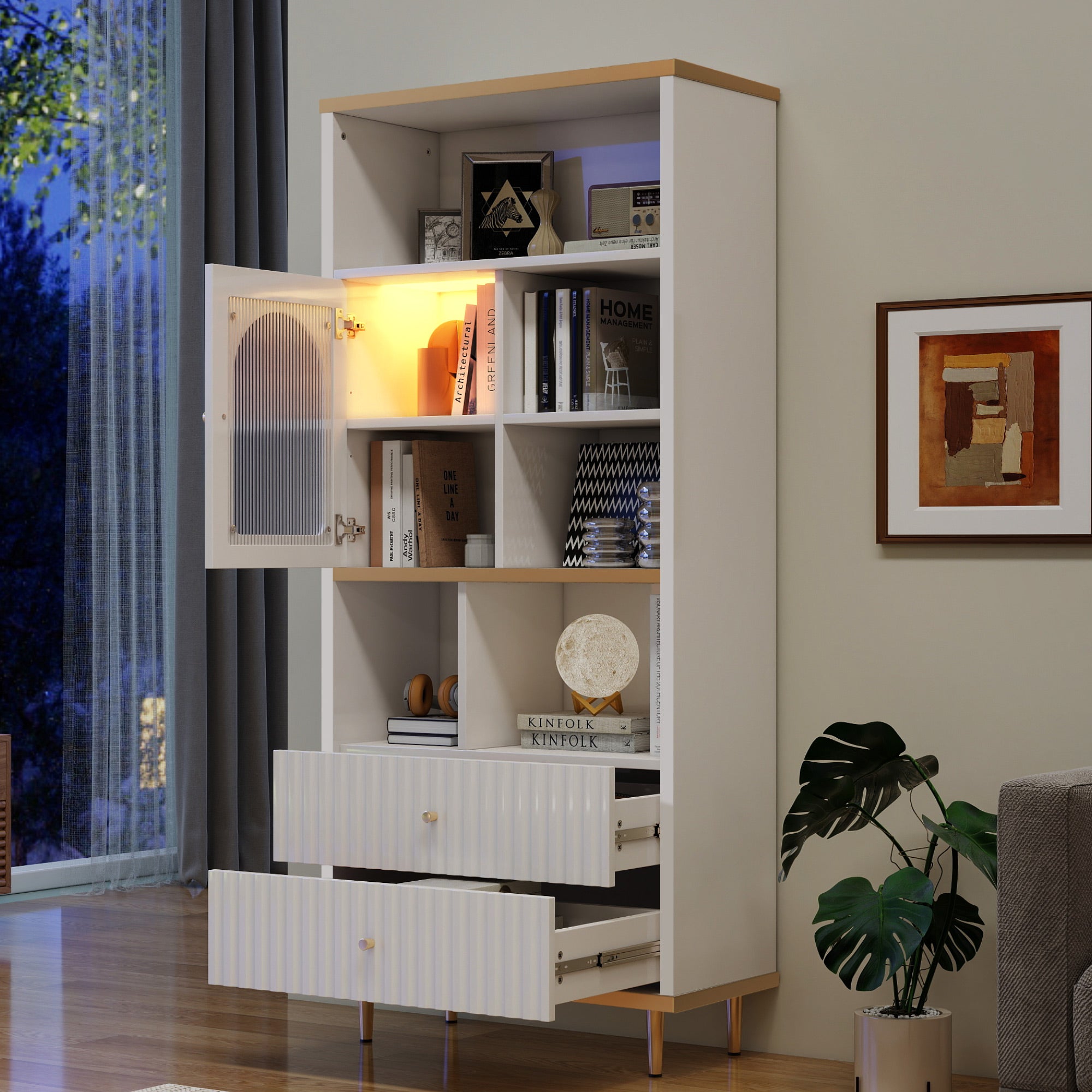 Multifunctional Bookshelf, Multi-layer Storage, Transparent Cabinet Door, Silent Drawers, Remote-Controlled Color-Changing Light Bar, Metal Base, White