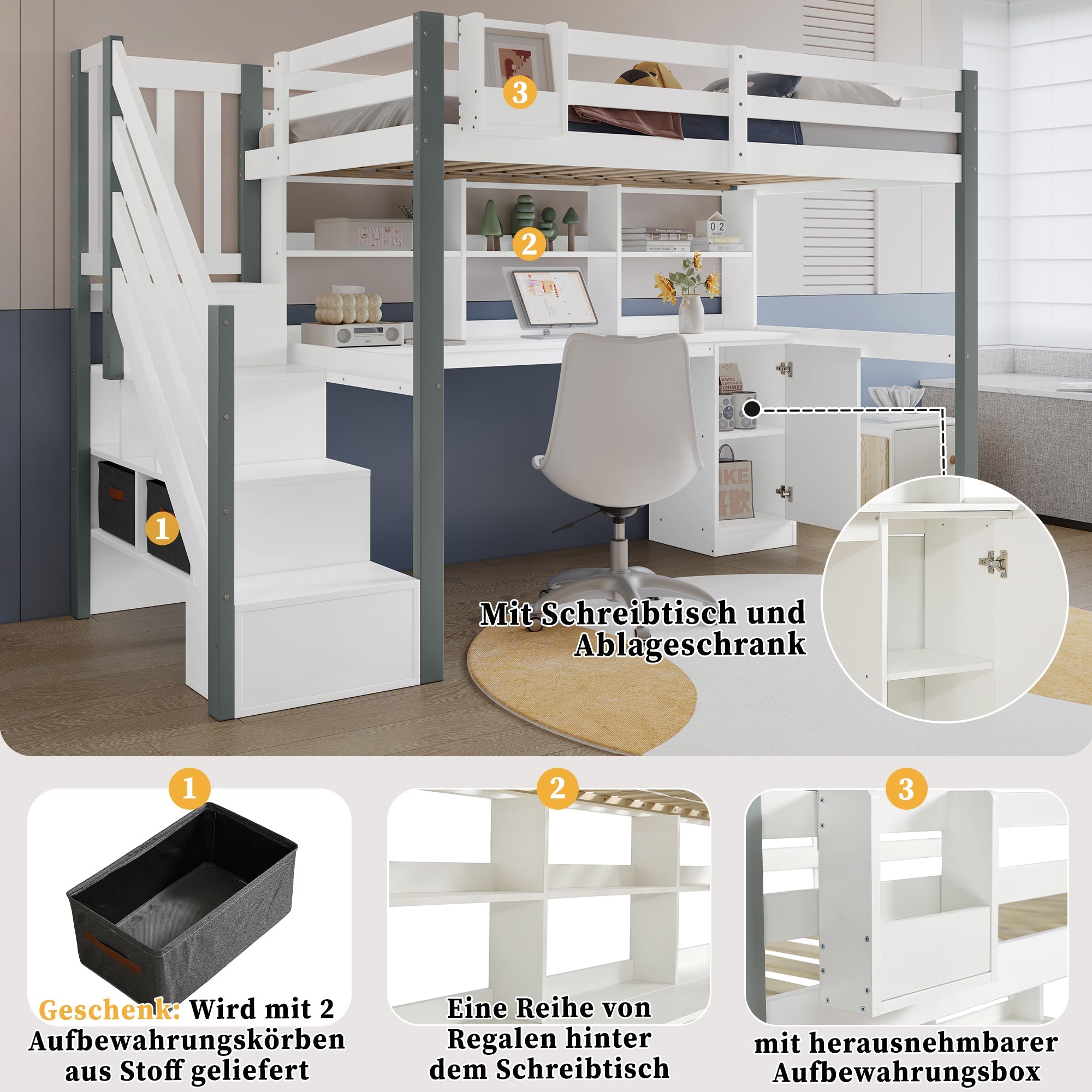 Mid-height bed, fabric storage box, side ladder, open shelf, desk and lockers, Pine+MDF, White+Grey