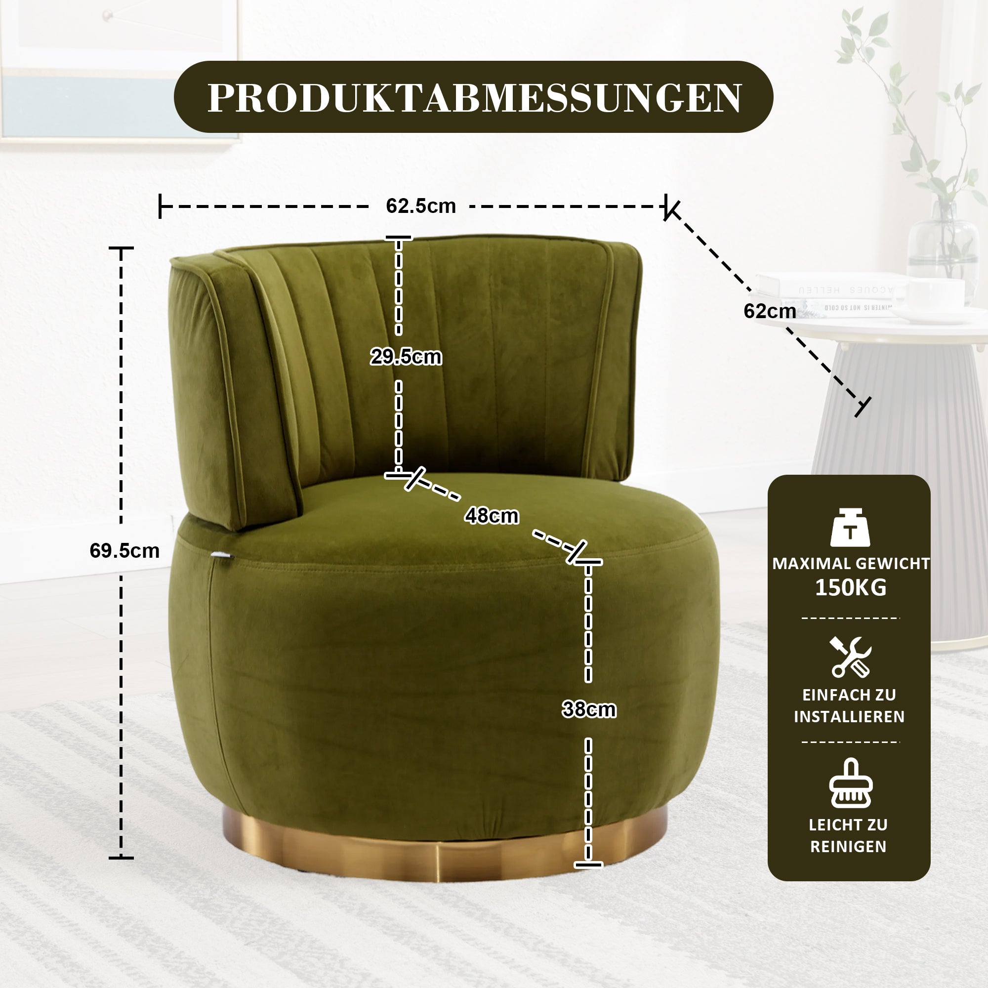 Swivel Chair 360 Degree Modern Comfortable Stable, Soft Velvet Olive Green