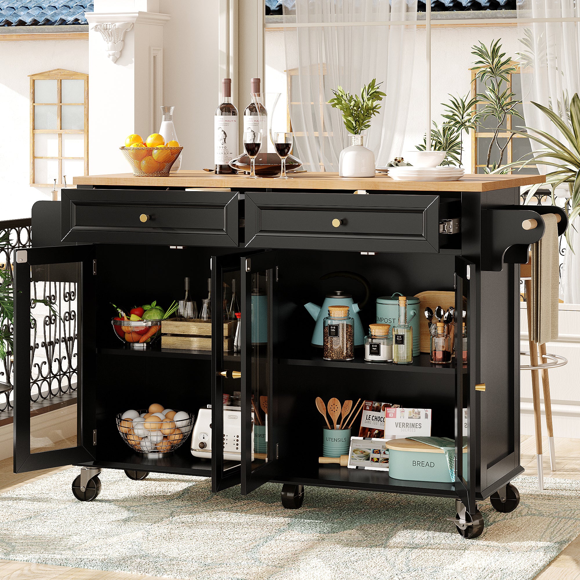 Kitchen Island Serving Trolley Mobile with Wheels Glass Doors Storage Black