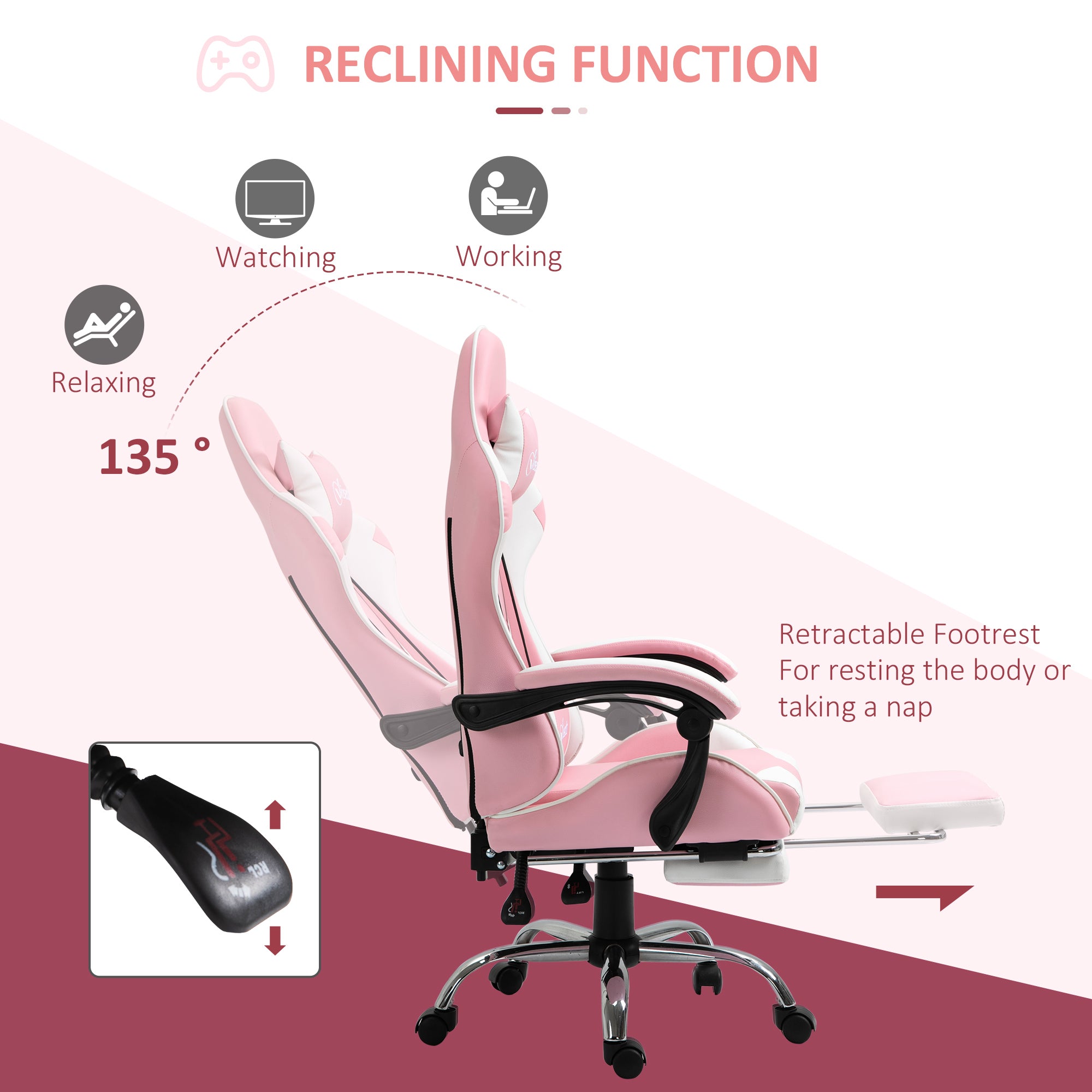 Ergonomic Gaming Chair: Reclining with Footrest, Lumbar Support, Adjustable Height - Pink PU Leather