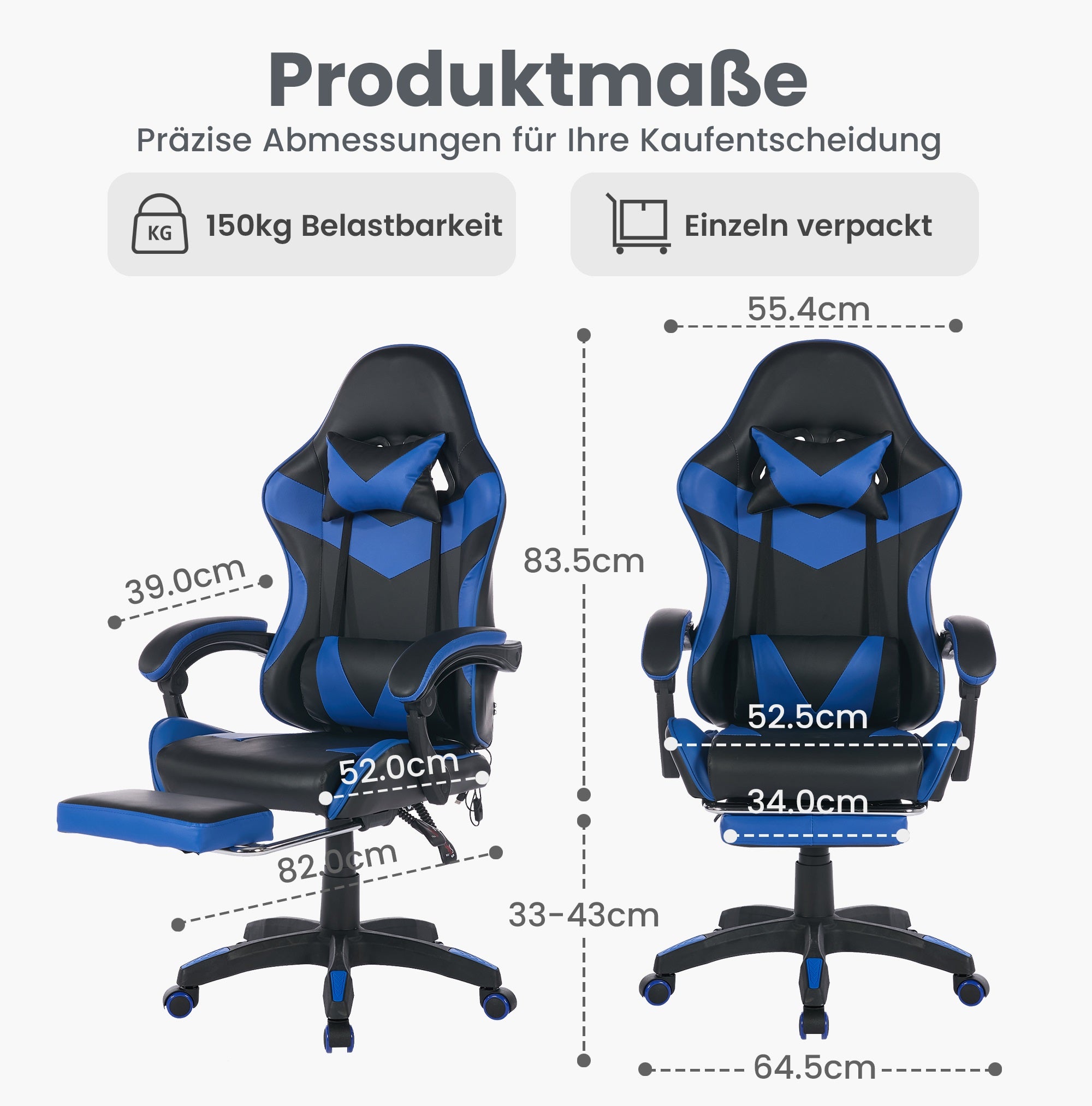 Gaming Chair, 360° Swivel High-Back with Footrest & Lumbar Support, Black & Blue Leather
